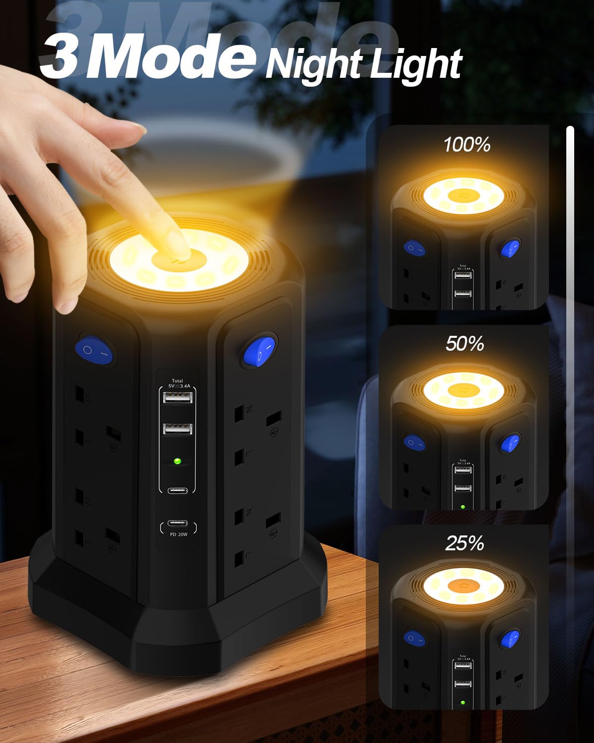 Tower Extension Lead 3M with USB Slots, (13A 3250W) PD 20W Fast Charger & Night Light, 4 USB Ports & 8 Way Surge Protected Extension Lead with 4 Independent Switch, Extension Cable for Home Office