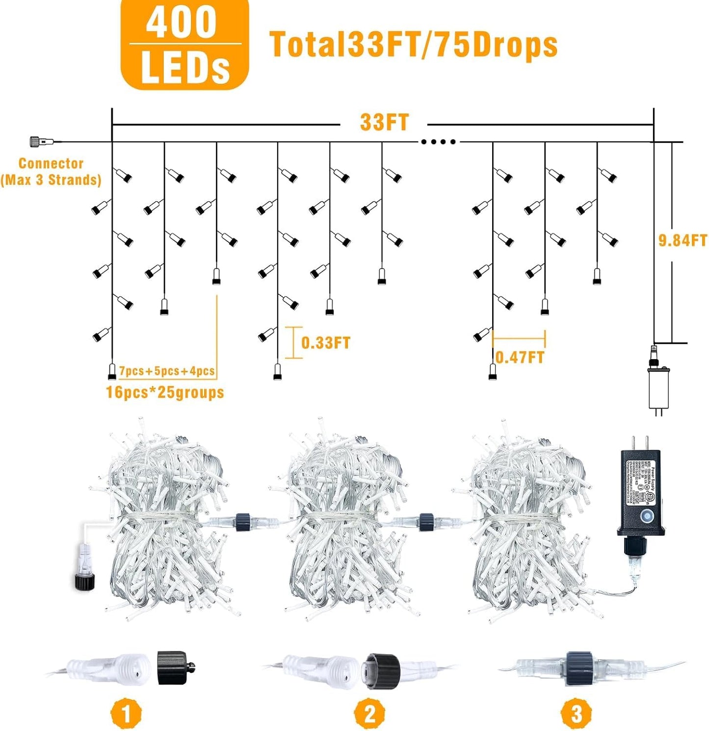 33ft Icicle Lights for Outside, Blue and White Christmas Lights Outdoor Indoor, 400 LED Twinkle String Light with 75 Drops Short Curtain Light for Thanksgiving Room Home Wall Bedroom Window Decoration