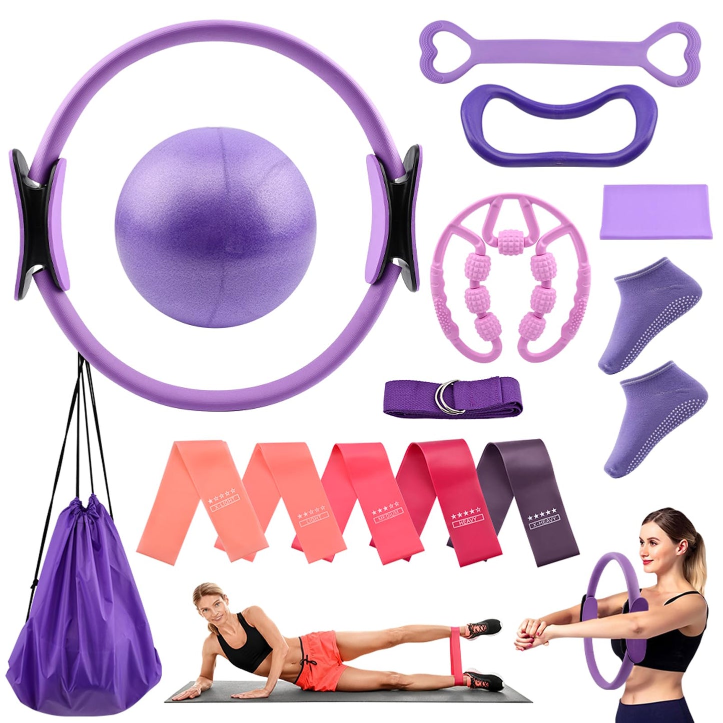 Quivorant Pilates Equipment Kit for Home Workout - 10-Piece Set with Pilates Ring, Mini Exercise Ball, 5 Resistance Bands, Core Sliders & Grip Socks - Full Body Toning Fitness Starter Kit with Bag
