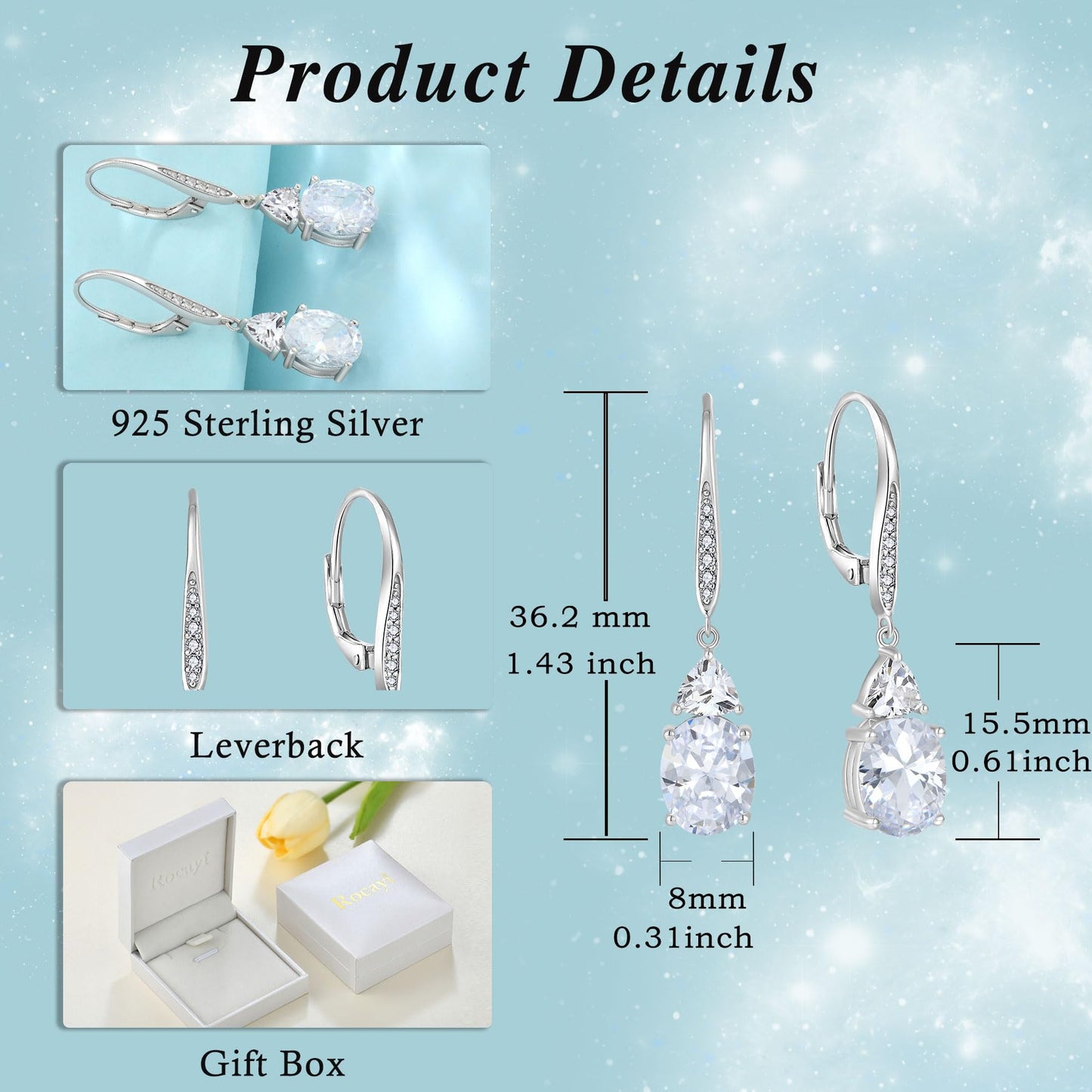 Rocayi Oval Dangle Drop for Women 925 Sterling Silver Leverback Simulated Diamond Earrings April Birthstone Jewelry for Her