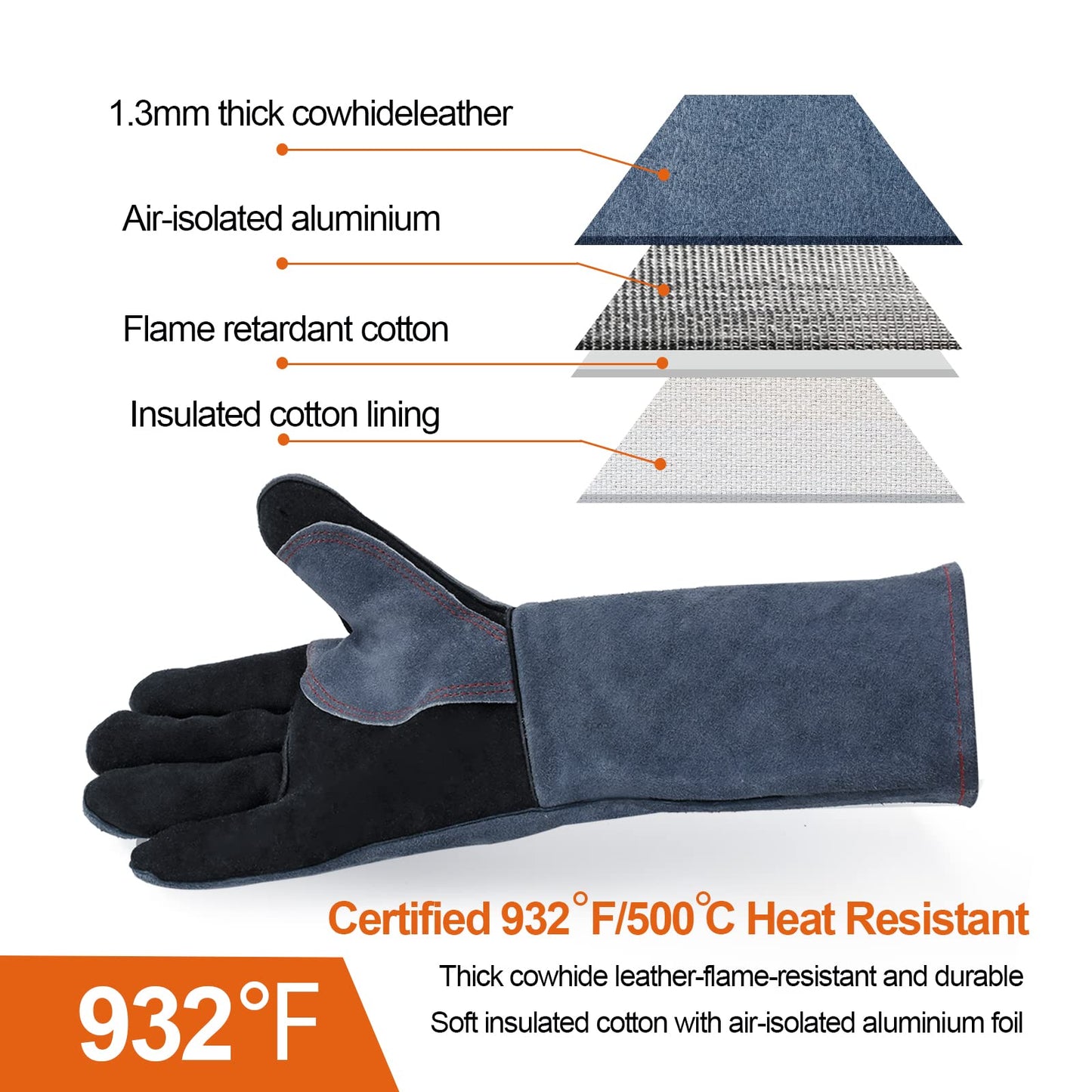 HITBOX Extreme Heat & Fire Resistant Gloves with Kevlar Stitching 16 ‘’ 932℉ Leather Fire Gloves for Arc Tig Mig Wood Stove Oven BBQ Grill Pot Holder Barking Animal Handling – Free Size for Men Women