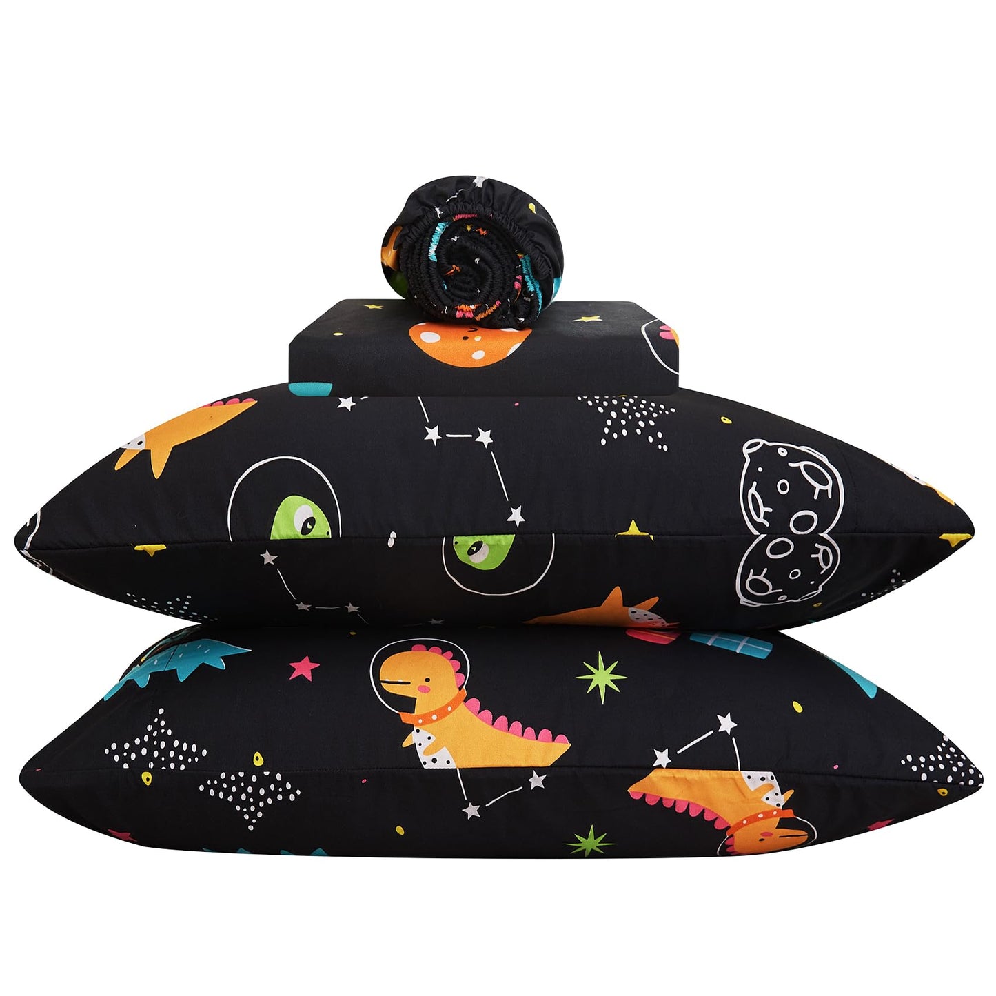 Yibeizi Dinosaur Space Twin Sheets Set for Boys, Kids Cute Planet Printed Microfiber Bedsheets Deep Pocket Bed Sheet & Pillowcase Sets 3 Pieces