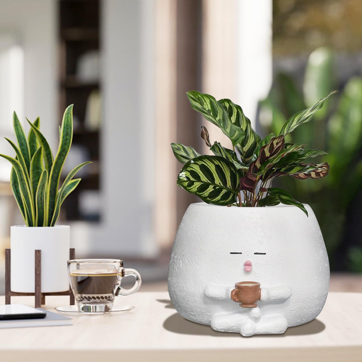 Toparad Smily Face Planter Pot with Coffee Cup Cute Resin Flower Head Planters for Indoor Outdoor Unique Sit Succulent Pots with Drainage Hole Gift IdeaI for Mother Christmas (White)