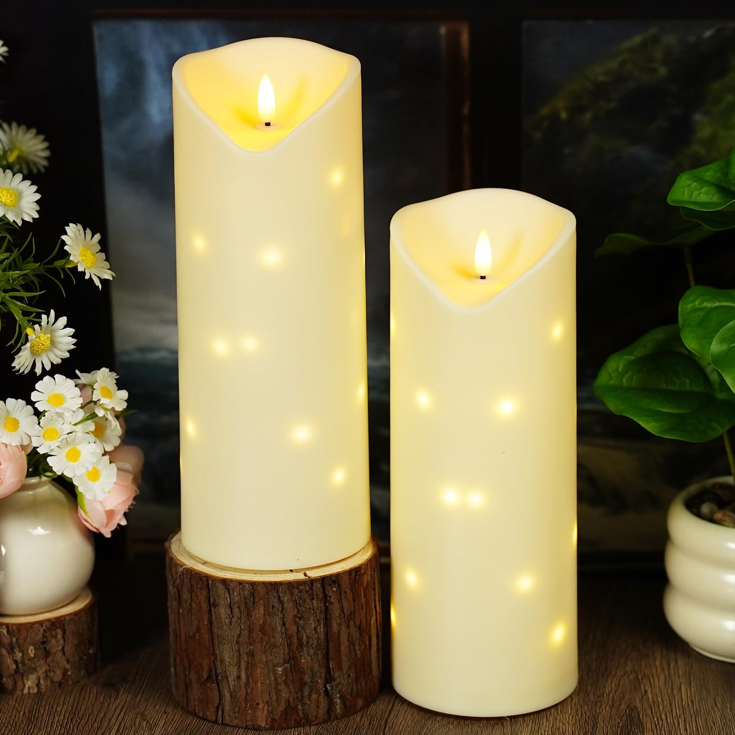 4" x10" Outdoor Flameless Candles Waterproof, Battery Operated LED Candles with Remote Control and Timer,Internal string lights,Ivory , Set of 2,Suitable for home decoration and holiday decoration