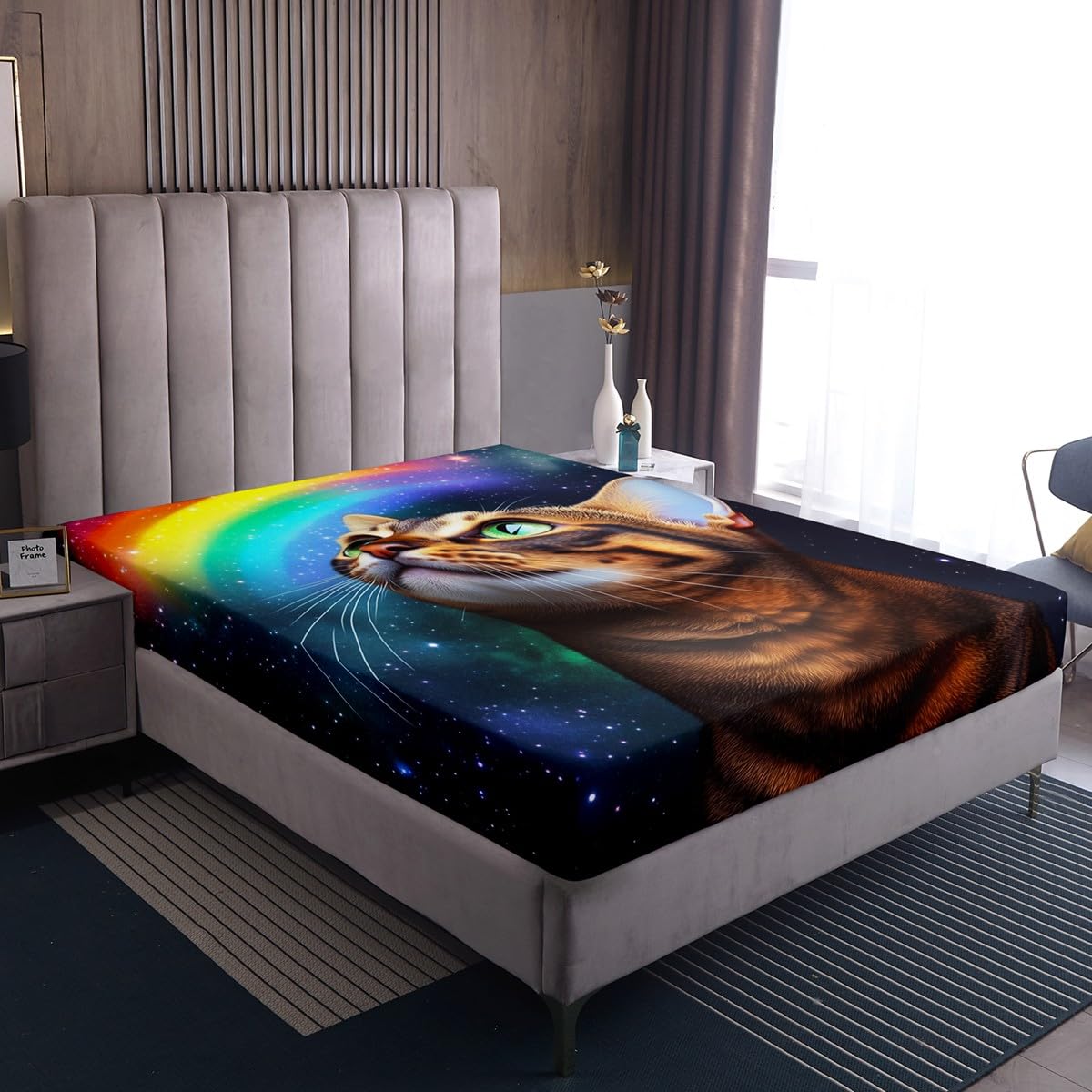 Erosebridal Galaxy Cat Bed Sheets 4 Pcs Kids Girls Boys Teens Rainbow Cat Sheet Set Full Animal Themed Sheets Set + Deep Pocket Fitted Sheets+ Fashion Starry Sky Flat Sheet + Room Decor