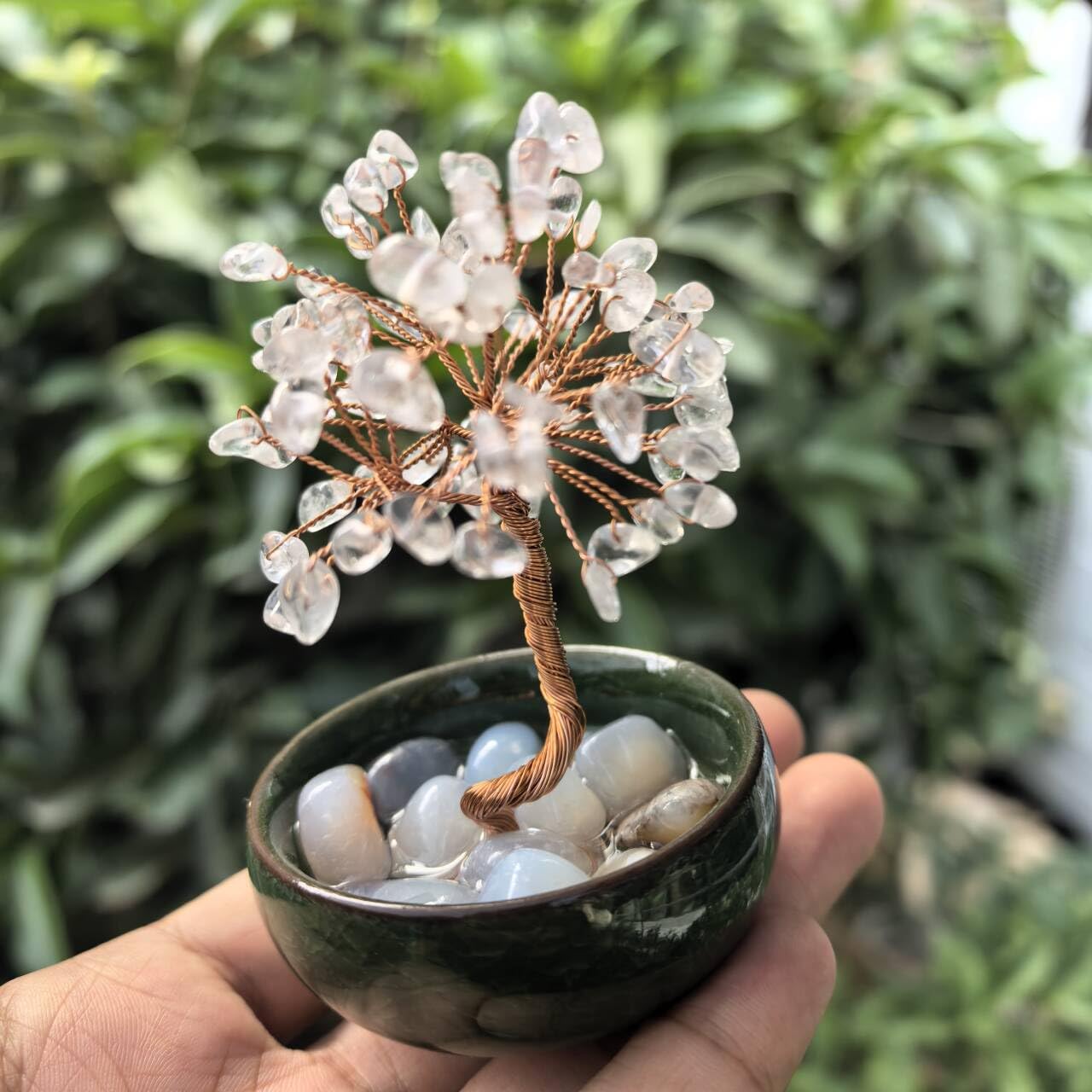 Natural Gemstone Wire Wrapped Crystal Tree Bowl of Life Chakra Healing Gift Agate Stone Reiki Energy Home Decor Spiritual Wellness Centerpiece (White Crystal)