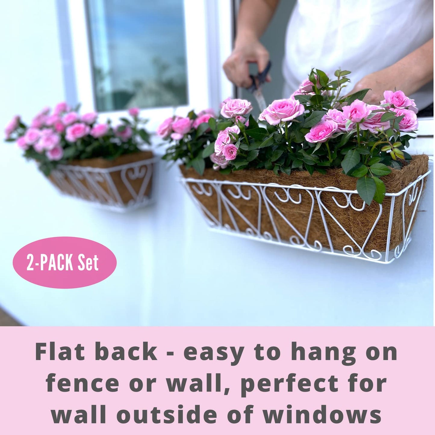 LaLaGreen Wall Hanging Planter - 2 Pack, 16 Inch Deck Railing Planter, Window Flower Boxes Basket Outdoor White Deck Railing Hanging Pot Coco Liner Metal Plant Holder Fence Planter Balcony Patio Porch