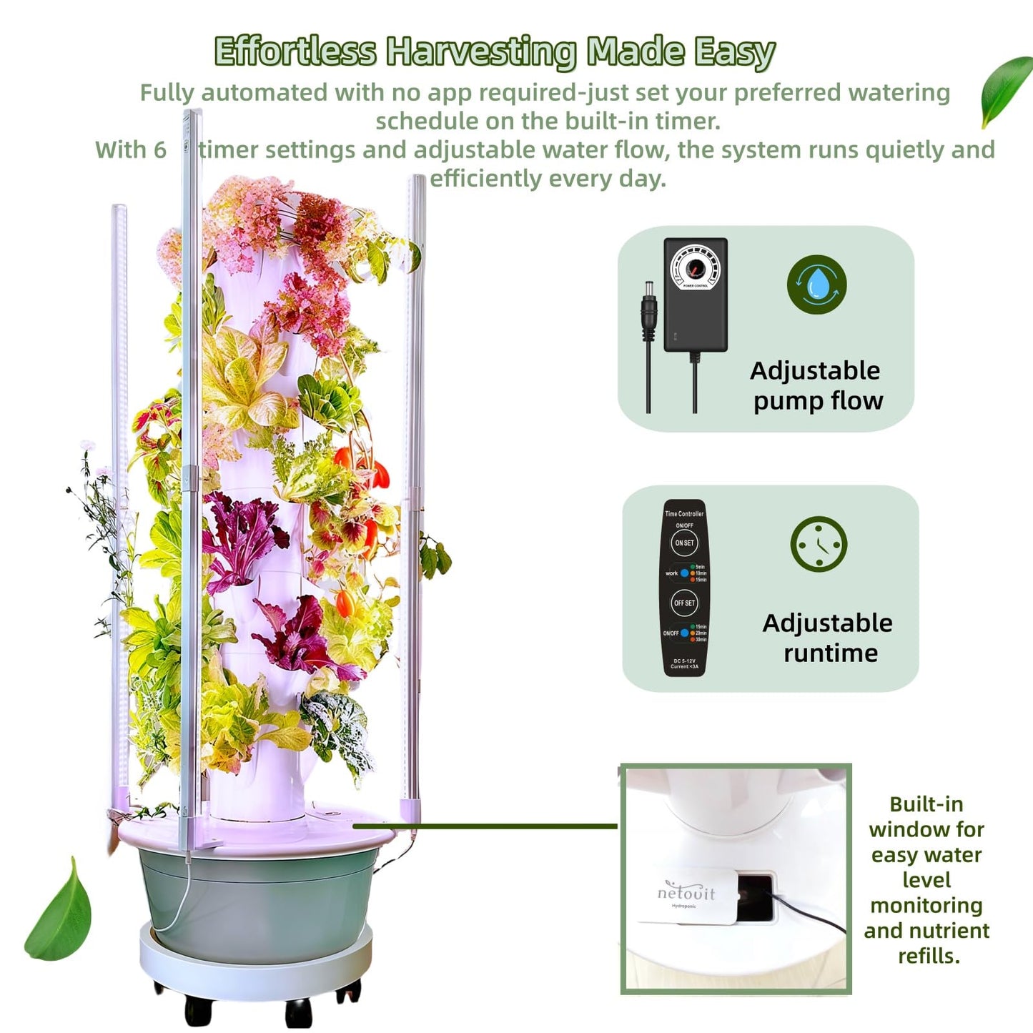 Hydroponics Growing System Kit with LED Grow Lights,8-Layer Vertical Garden Tower, 32 Pods Large Planting Sites, 8 Gallon Indoor Growing System for Vegetables, Herbs & Tomatoes, Pump&Dual Timer