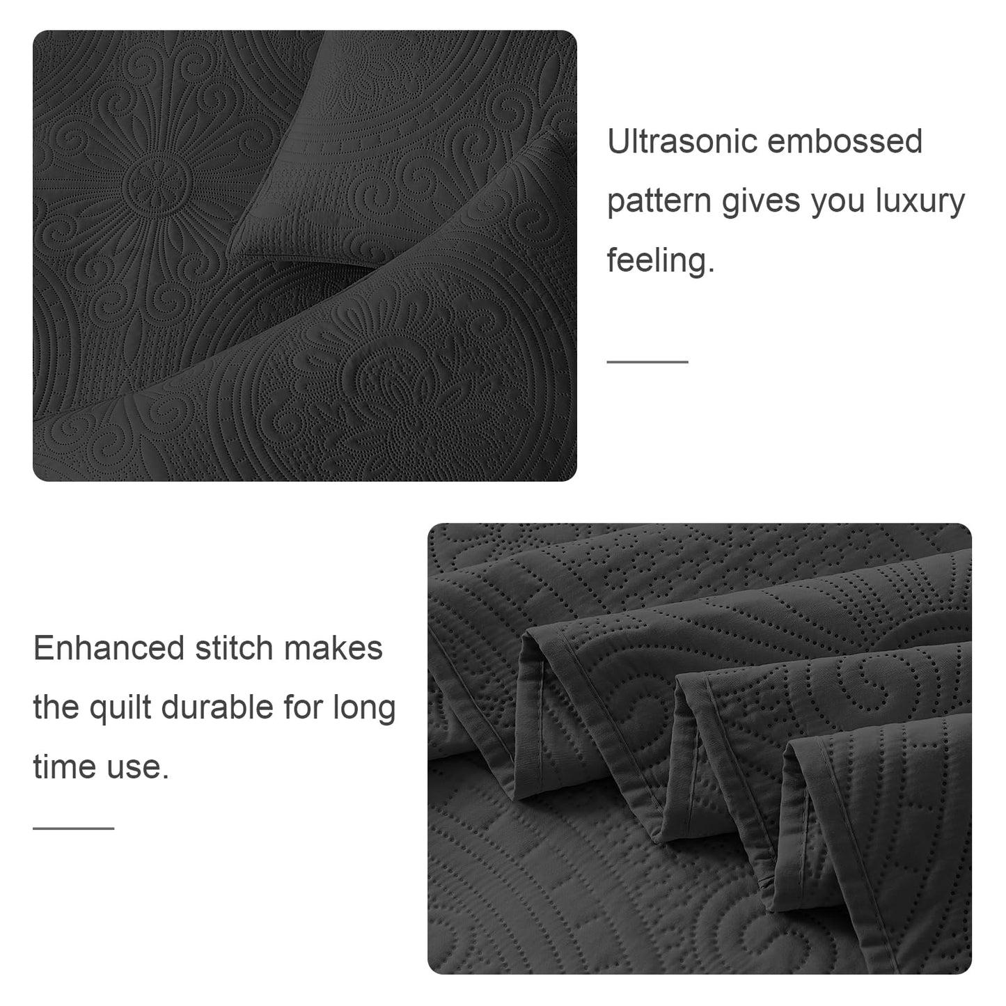 WURUIBO King/Cal King Quilt Set Black,Ultrasonic Embossed Bedspread, Lightweight Microfiber Coverlet, Modern Thin Bedding Set for All Season, 3 Piece(1 Quilt,2 Pillow Shams)