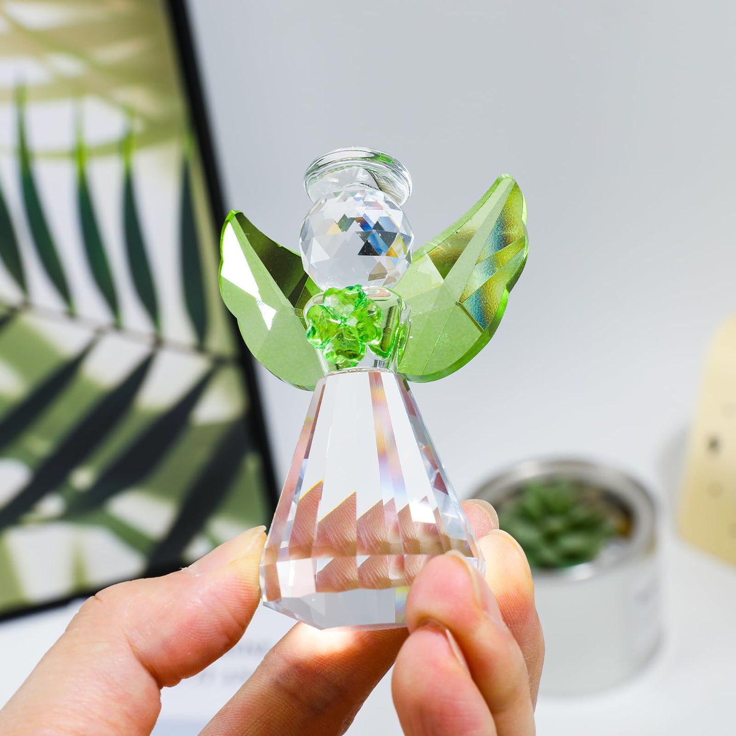 MysticGlitz 3.35in Crystal Guardian Angel Figurine with Green Four‑Leaf Clover, Handcrafted Ornament, Lucky Tabletop Decor Paperweight, Gift for Women Mother's Day Birthday Christmas(Green)