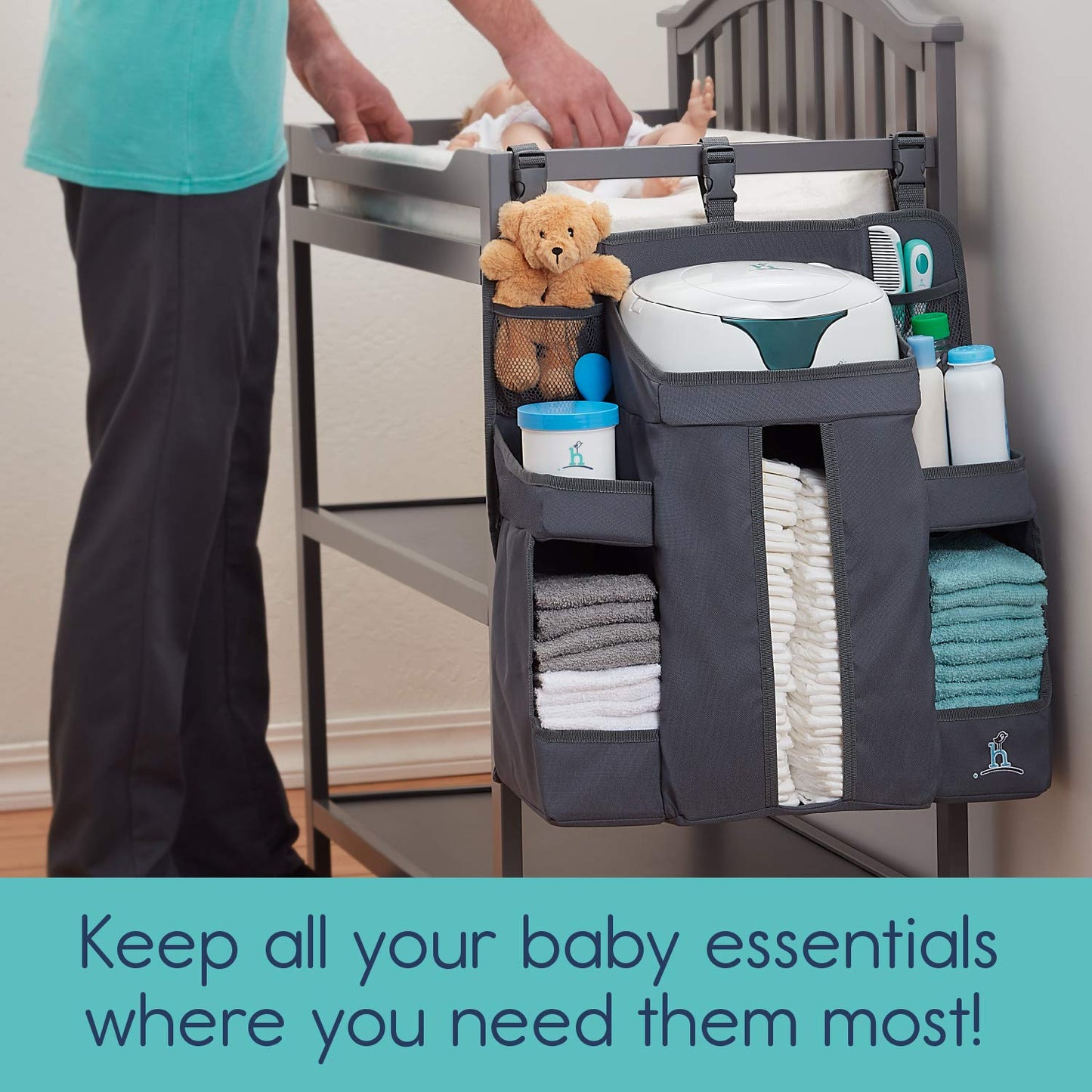 hiccapop Hanging Diaper Organizer for Changing Table and Cribs, Diaper Stacker and Nursery Organizer, Hanging Diaper Caddy Baby Essentials