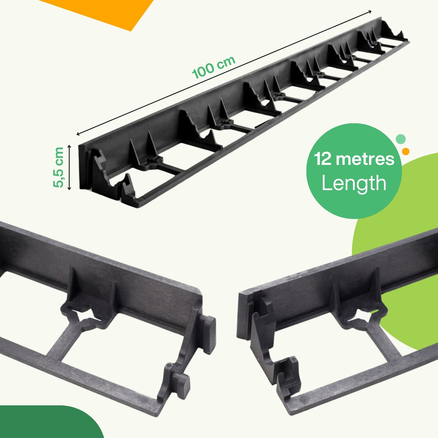 Flexible Lawn Edging 12 m - Invisible Plastic Garden Edge with 50 Securing Pegs - Easy to Use, Weather Resistant - Grass, Flowerbed & Path Border Edging, Height 55 mm, Black