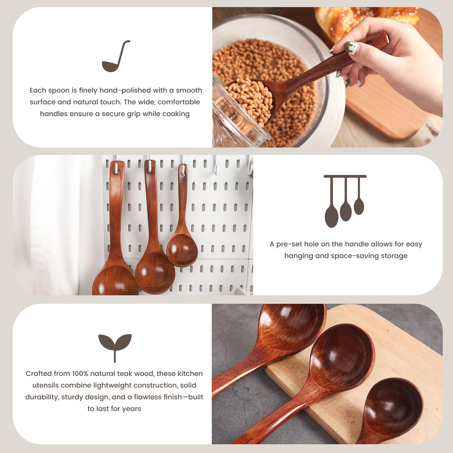 HANSGO Wooden Ladle for Soup, 3 Size Wooden Spoons for Deep Pot & Bowl, Heat Resistant Handles, Non-Stick Wood Kitchen Utensils Set for Cooking, Serving and Stirring Thick Stews, House Warming Gifts