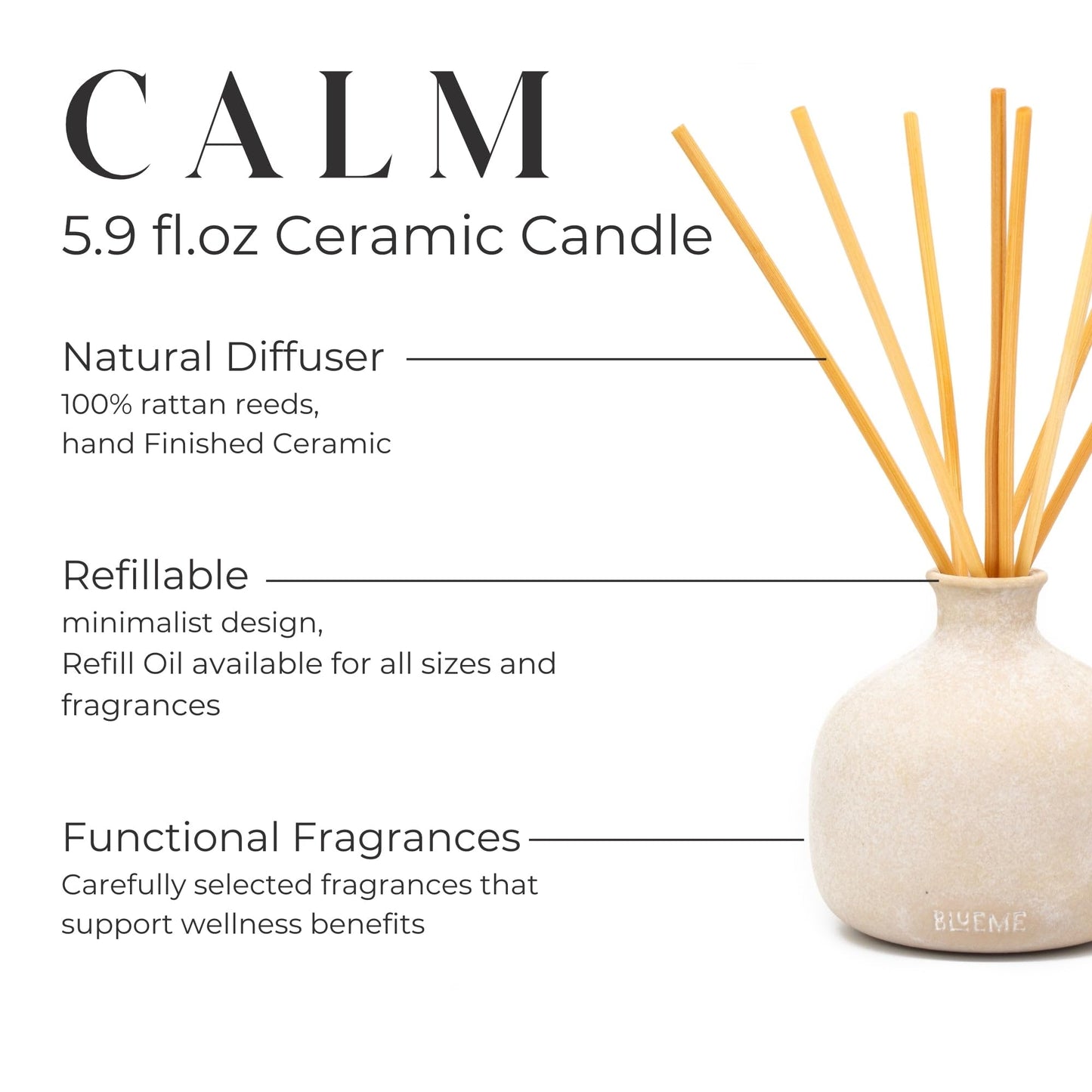 Blueme Calm Diffuser | Osmanthus & Sandalwood | 5.92 Fl Oz - Refillable Wellness Diffuser, Contains Essential Oil, Sustainable, Hand Finished, Premium, Luxury Ceramic, Natural Rattan Reeds, | Small