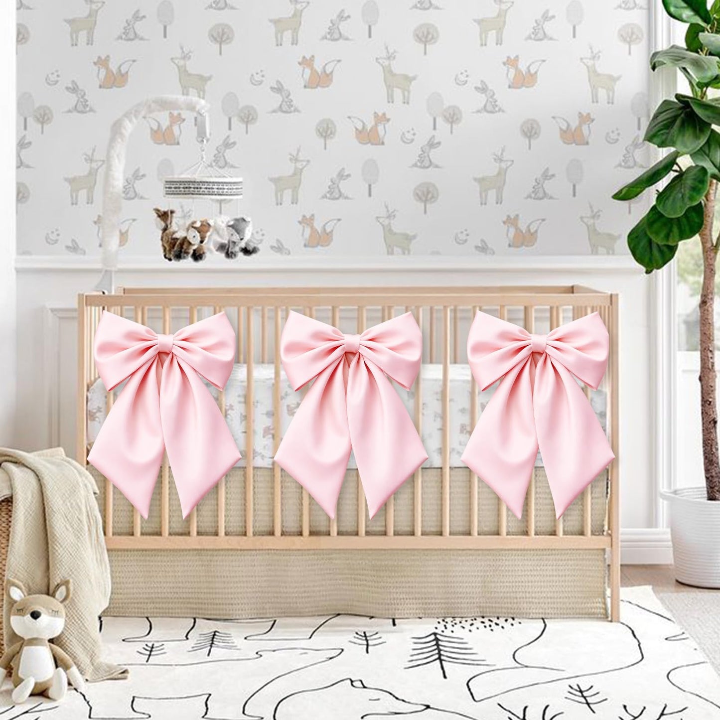 Big Pink Bow Coquette Room Decor, 23x11 Inch Satin Bows Large Pastel Pink Bows Birthday Decorations as Crib Skirt for Christmas Tree Topper Girl Room Xmas Gift Wrapping Bachelorette Baby Shower (3pcs)