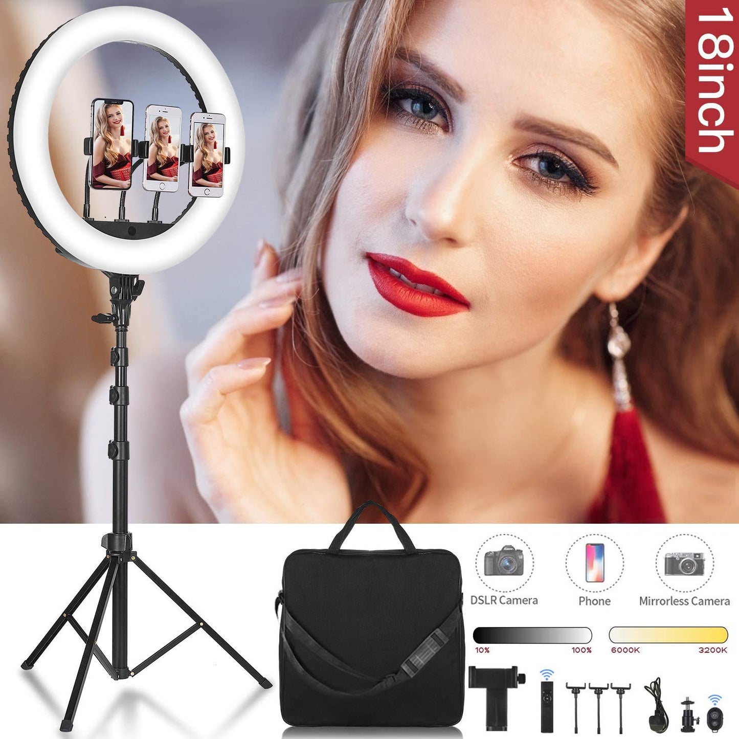 CXYP 18 inch LED Ring Light with Tripod Stand, 3200K-6000K Dimmable Selfie Ring Light with Phone Holder, Bluetooth Control, Carrying Bag for Smartphone, Makeup,Tiktok, YouTube, Vlog,Video
