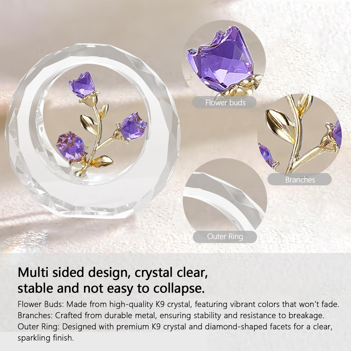 RONG KRISTO Purple Crystal Rose Ornament Glass Rose Flower with Stems Romantic Flowers Gifts for Women with Gift-Box