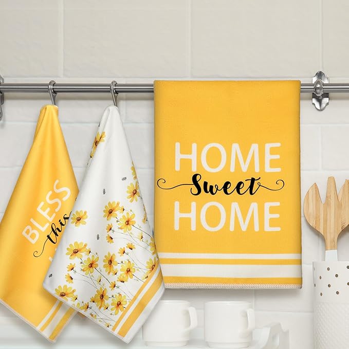 Boyiee Set of 6 Yellow Flower Kitchen Towels Decorative Floral Tea Towels