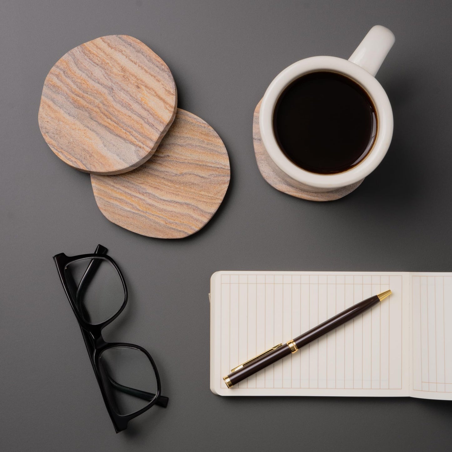 Cork & Mill Absorbent Coasters Set of 6 - Water Absorbing Sandstone Coasters for Drinks - Perfect for Coffee Table, Office Desk, Outdoor, Bedroom Nightstand - 4" Round - Unique Irregular Edge Design