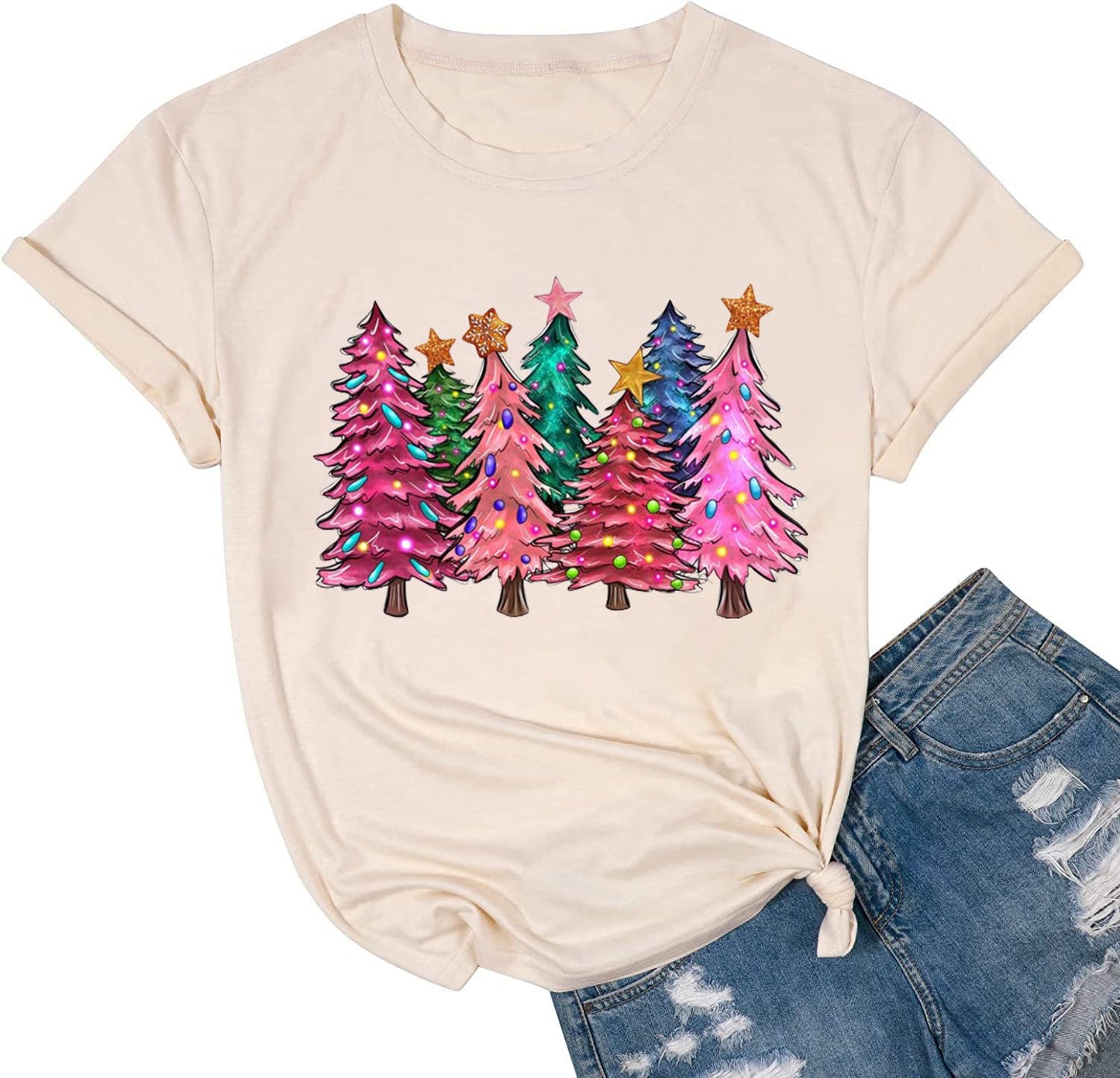 hcihgzr Merry Christmas Shirts for Women Funny Xmas Tree Graphic T-Shirt Christmas Casual Holiday Short Sleeve Tee Tops(M,2 Apricot)