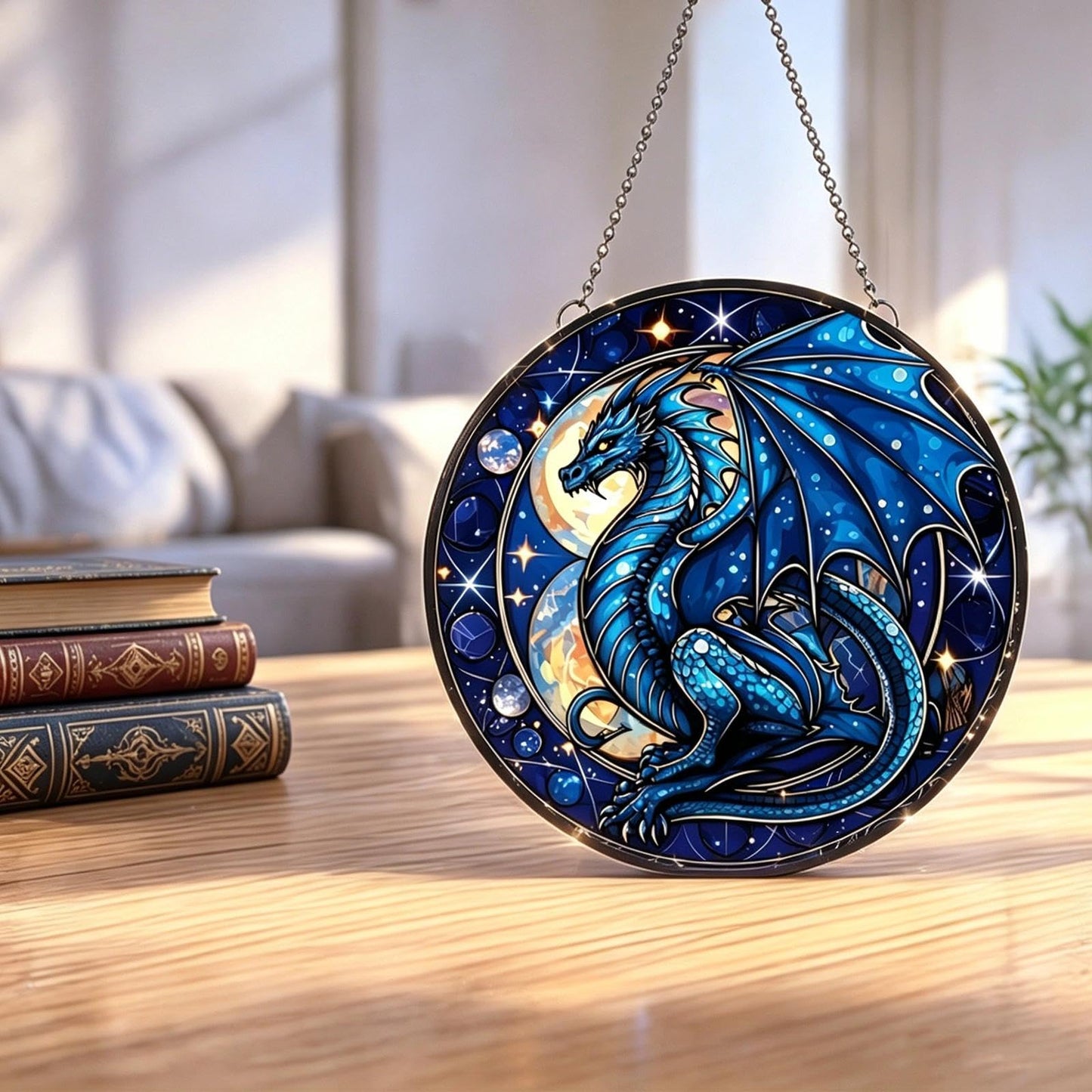 MATIHAY Cartoon Dragon Acrylic Window Hanging Ornament, Moon Dragon Wall Art Decor for Bedroom Birthday Party Supplies Halloween Christmas Decoration (Blue, 11.8"/30cm)
