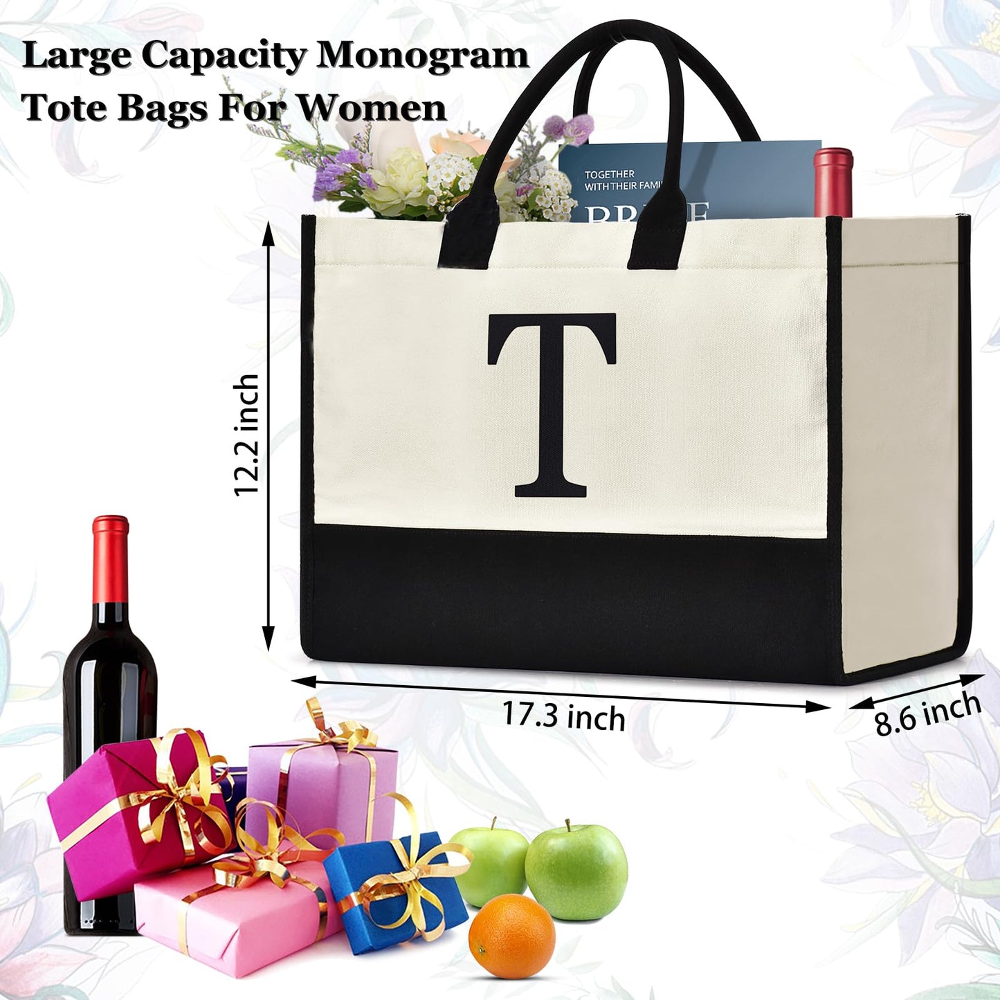 GASSDA Initial Canvas Tote Bag, Birthday Gifts For Women, Monogram Personalized Gifts For Women Mom Teachers Bridesmaids (T 3PCS)