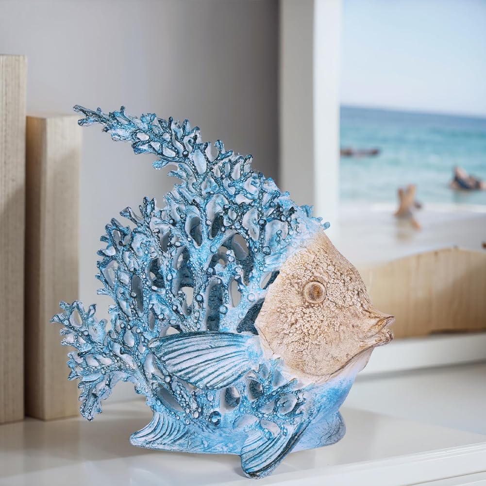 UANYEMON 7.28'' Ocean Coral Fish Sculpture – Resin Coastal Fish Figurine with Coral Backdrop, Ocean Blue & Sandy Beige Finish – Nautical Tabletop Accent for Living Room, Beach House & Bathroom Decor
