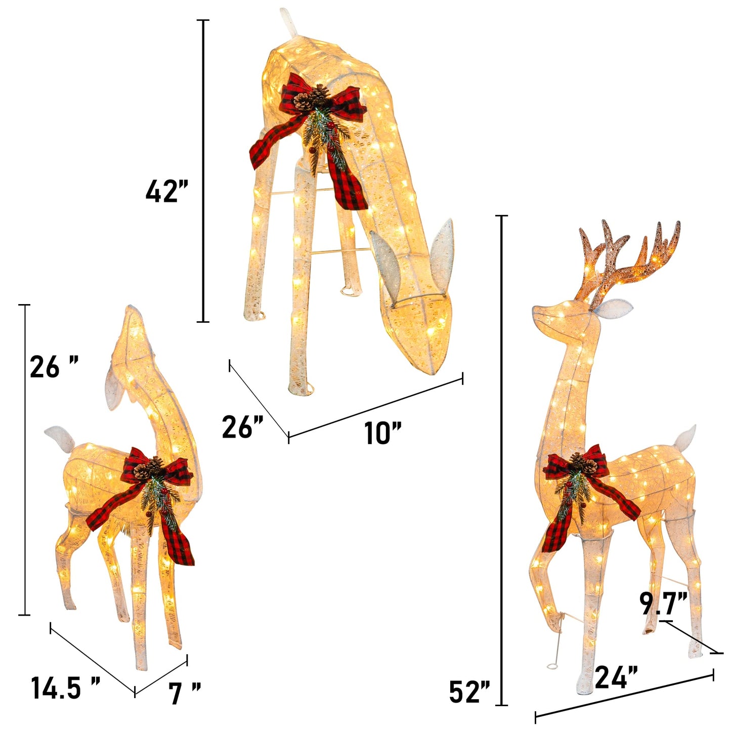Hourleey 3-Piece Pre-Lit Reindeer Family Set, 3D Plug in 170 Count Warm White Lighted Decoration, Waterproof Outdoor Christmas Deer Decor for Yard, Patio, Lawn, Garden, Party