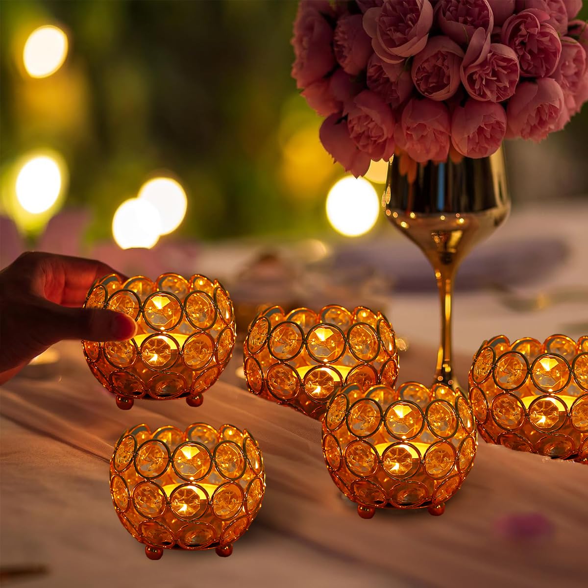 VINCIGANT Gold Crystal Votive Candle Holders for Table Tenterpiece,Small Bowl/Ball Tealight Candle Lantern for Thanksgiving Wedding Table Decoration, (4pcs)