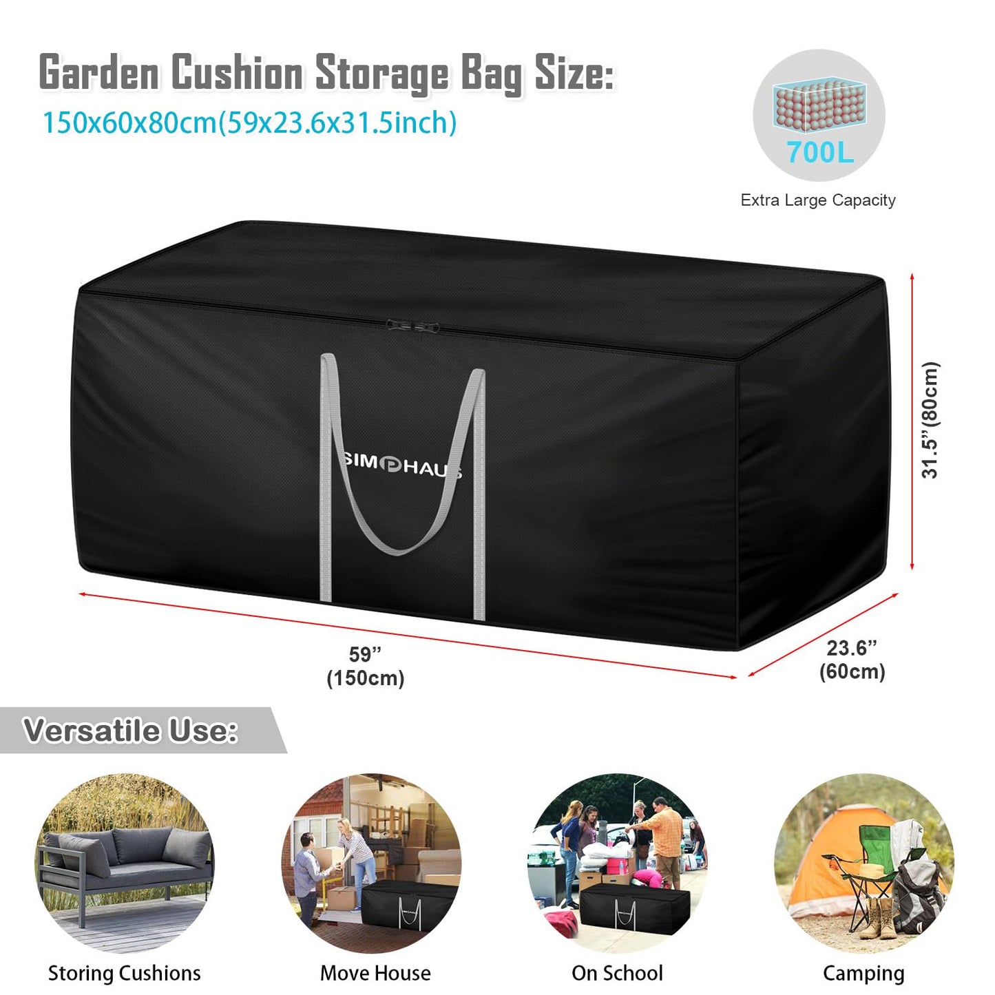 SIMPHAUS Storage Bags for Garden Cushions,Garden Furniture Cushion Storage Bag for Camping Mattress Blanket,Christmas Tree Storage Bag with Carry Handle,Anti UV 420D Oxford Fabric 150x60x80cm