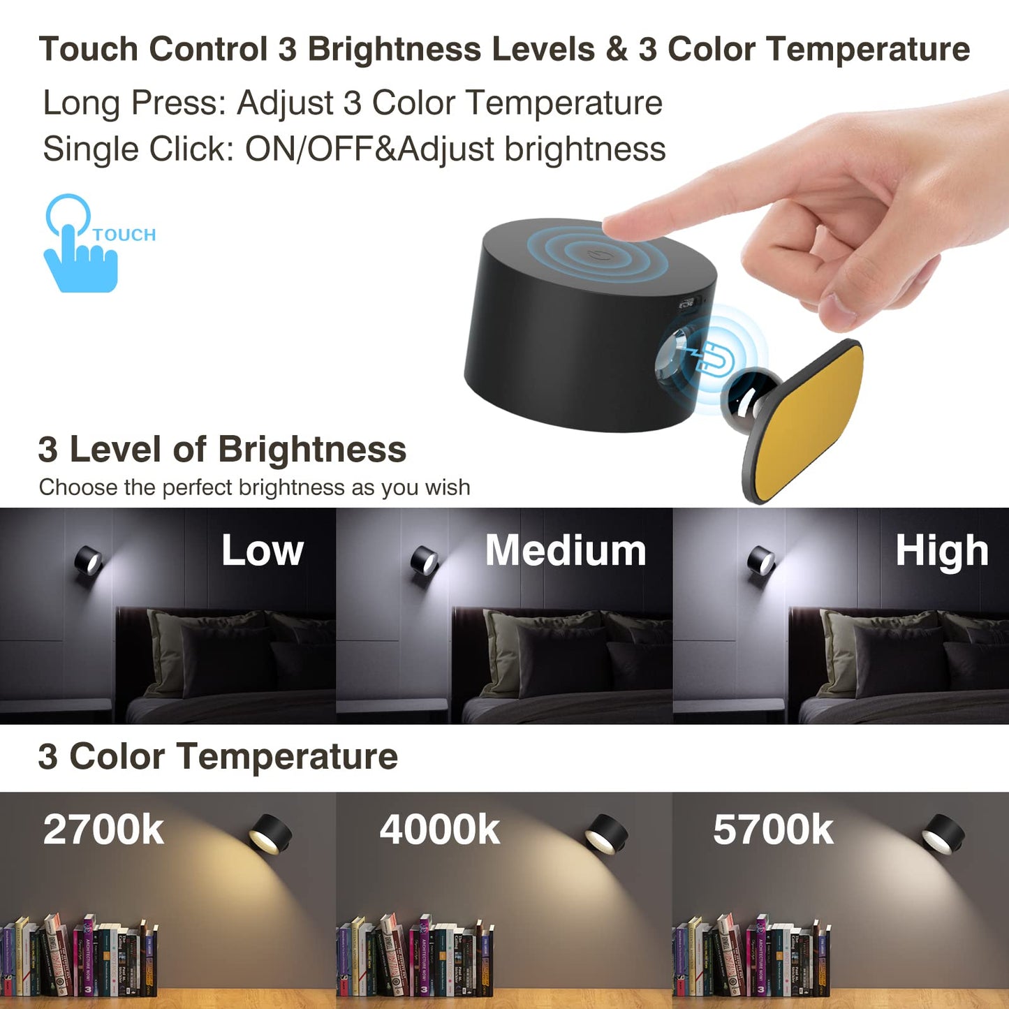 Coollamp LED Indoor Wall Lamp, Bedroom Wall Light with Warm/Natural/White Light, 3 Brightness Levels, Rechargeable Battery, Touch Control, 360 ° Rotate, Wall Lamp for Living Room Corridor Stairs