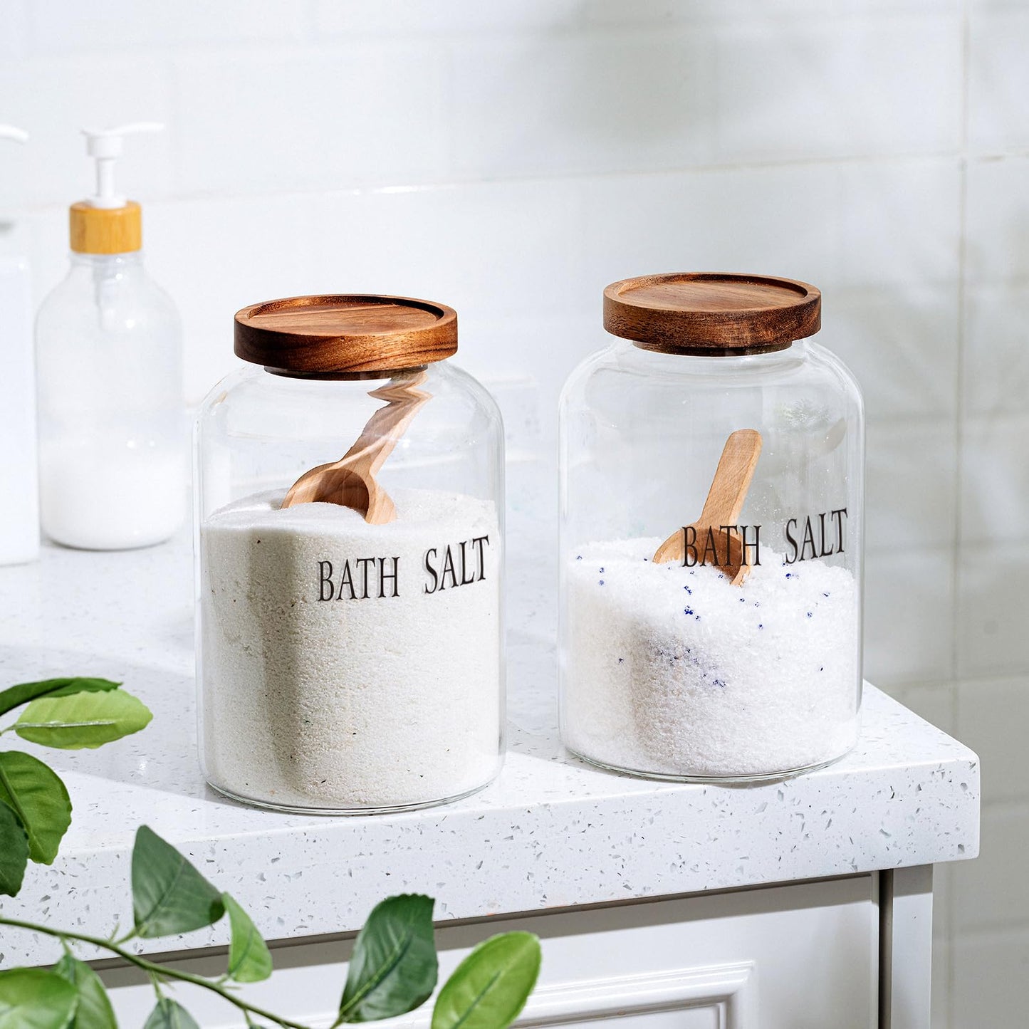SiliFine 2 Sets 74 oz Glass Bath Salts Jar with Wooden Scoop and Lid, Bath Salt Container for Bathroom Organizers and Storage, Bathtub Accessories for Women Bathroom, Home Decor