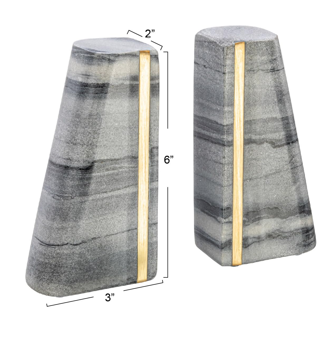 Main + Mesa Modern Marble Bookends with Brass Detail, Set of 2, Grey