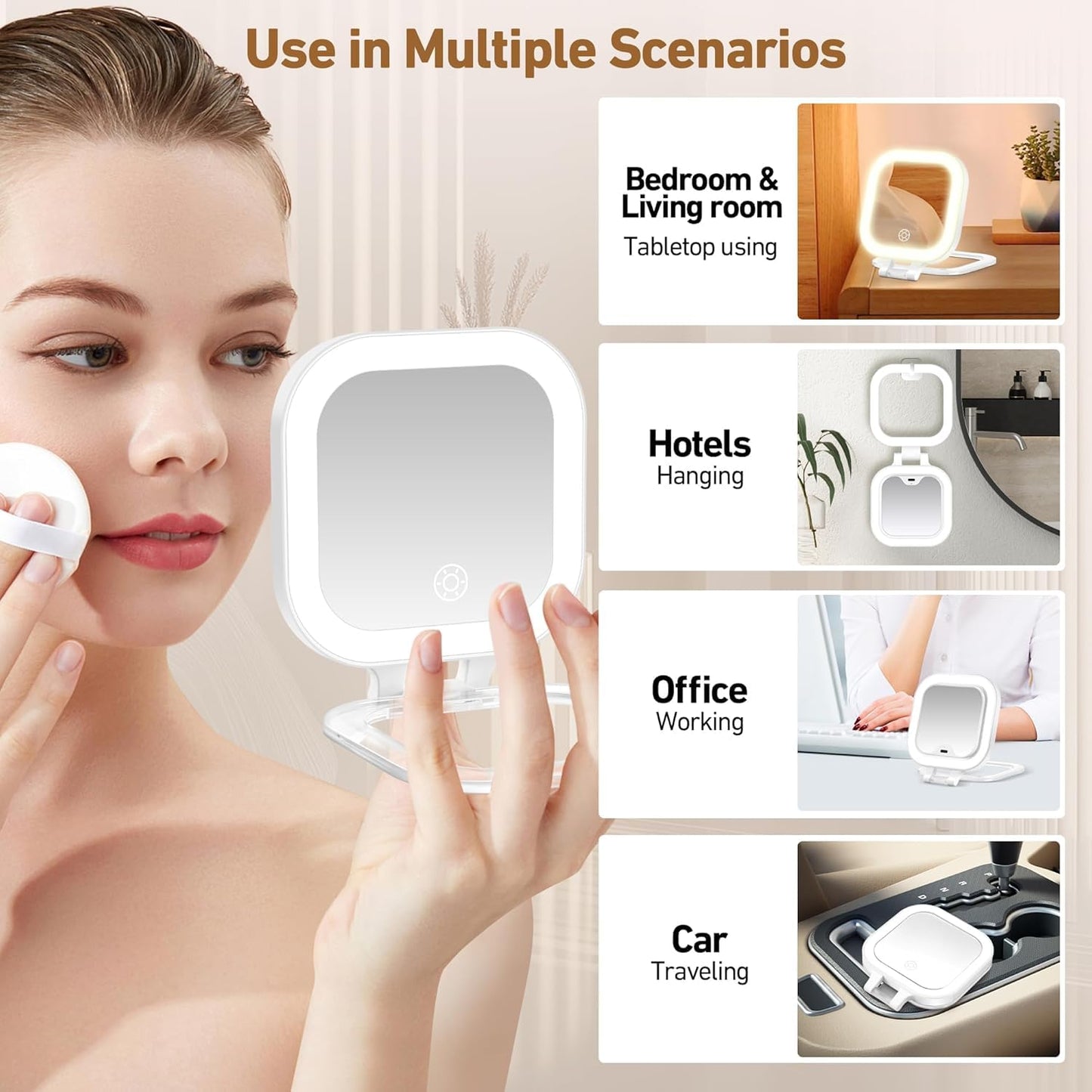 GOMIPURU Travel Mirror with Light, 1x/30x Magnifying Mirror with 3 Color Lights and Adjustable Brightness, 4.5x3.9 inch Small Compact Hangable Hand Pocket 3 Way Mirrors, Comes with Tweezer