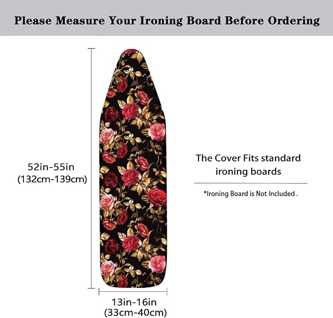 Red Rose Ironing Board Cover Standard Size 15 x 54, Thick Padding
