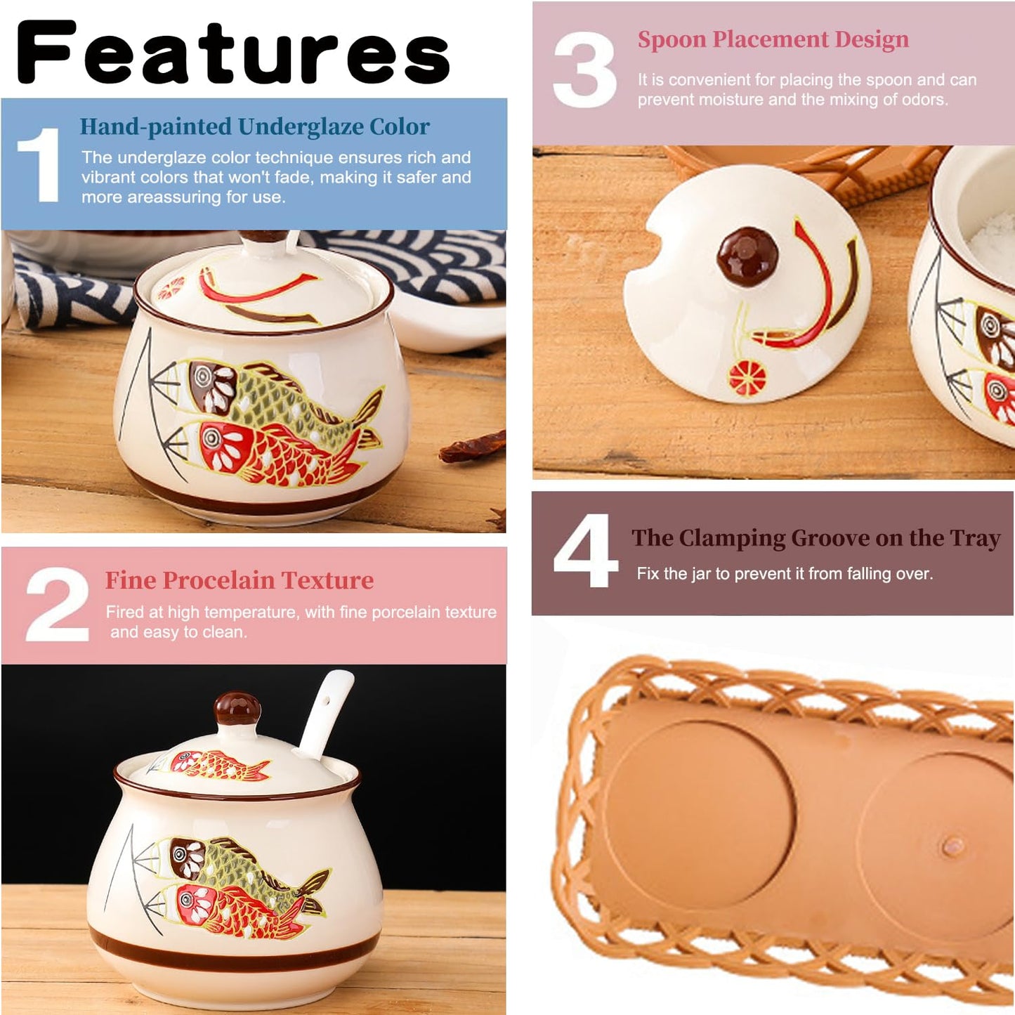 Orkim Kitchen Ceramic Condiment Jars with Lids and Spoons, 3 Piece Porcelain Seasoning Jar Set for Salt Spice Pepper Suger Bowl, Coffee Tea Container Pot with Serving Tray - Japanese Koinobori
