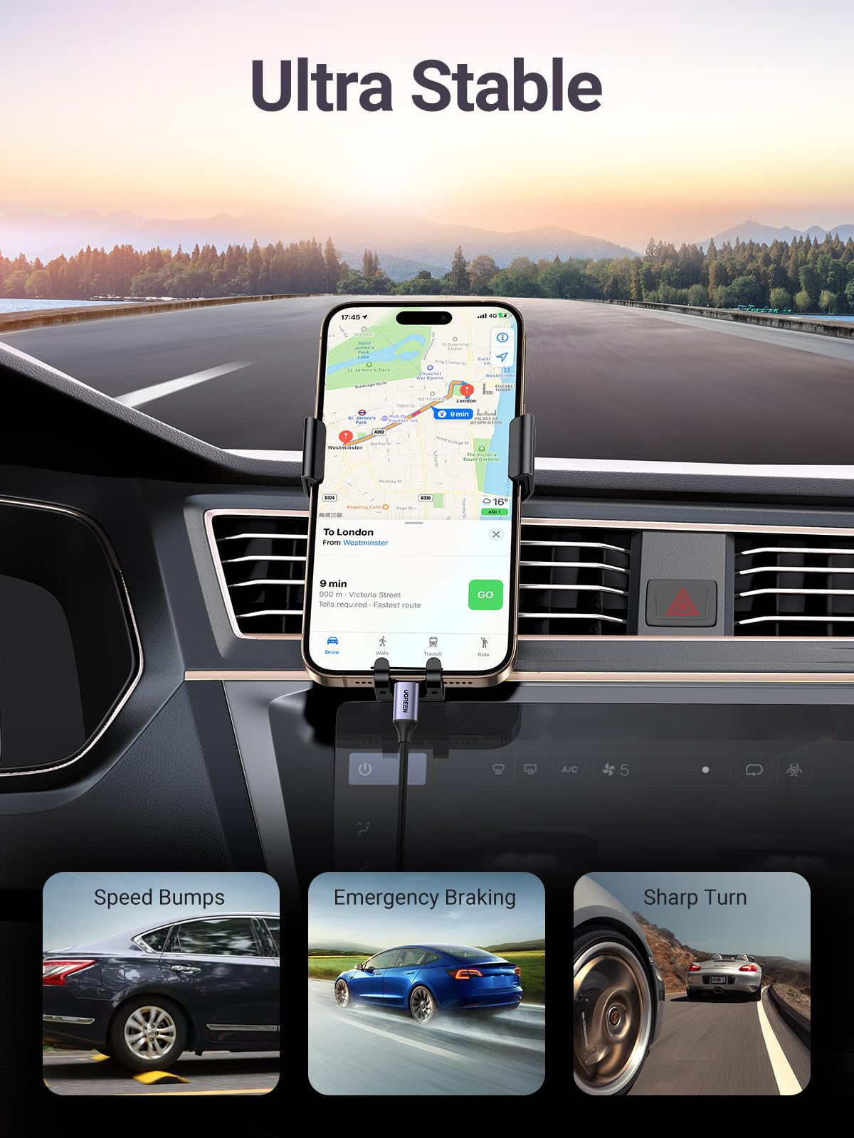 UGREEN Car Phone Holder Air Vent, Gravity Phone Mount Cradle Reliable Stable Hands-Free, Compatible with iPhone 17 Pro Max 17Air 16/15/14/13/12/11, Galaxy S25/S24/S23/S22/S21, Pixel 10/9/8(Silver)