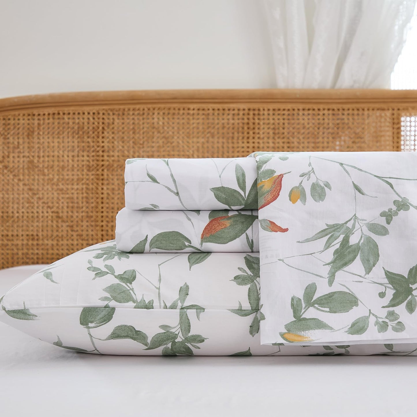 Cozaline 100% Cotton Sheets Set Queen Size – 4 Pieces Luxury Breathable Percale Cotton Bedding with Deep Pockets, Crisp Cool Feeling, Soft&Durable, Refined Botanical Elegance, Green Floral Bed Sheets