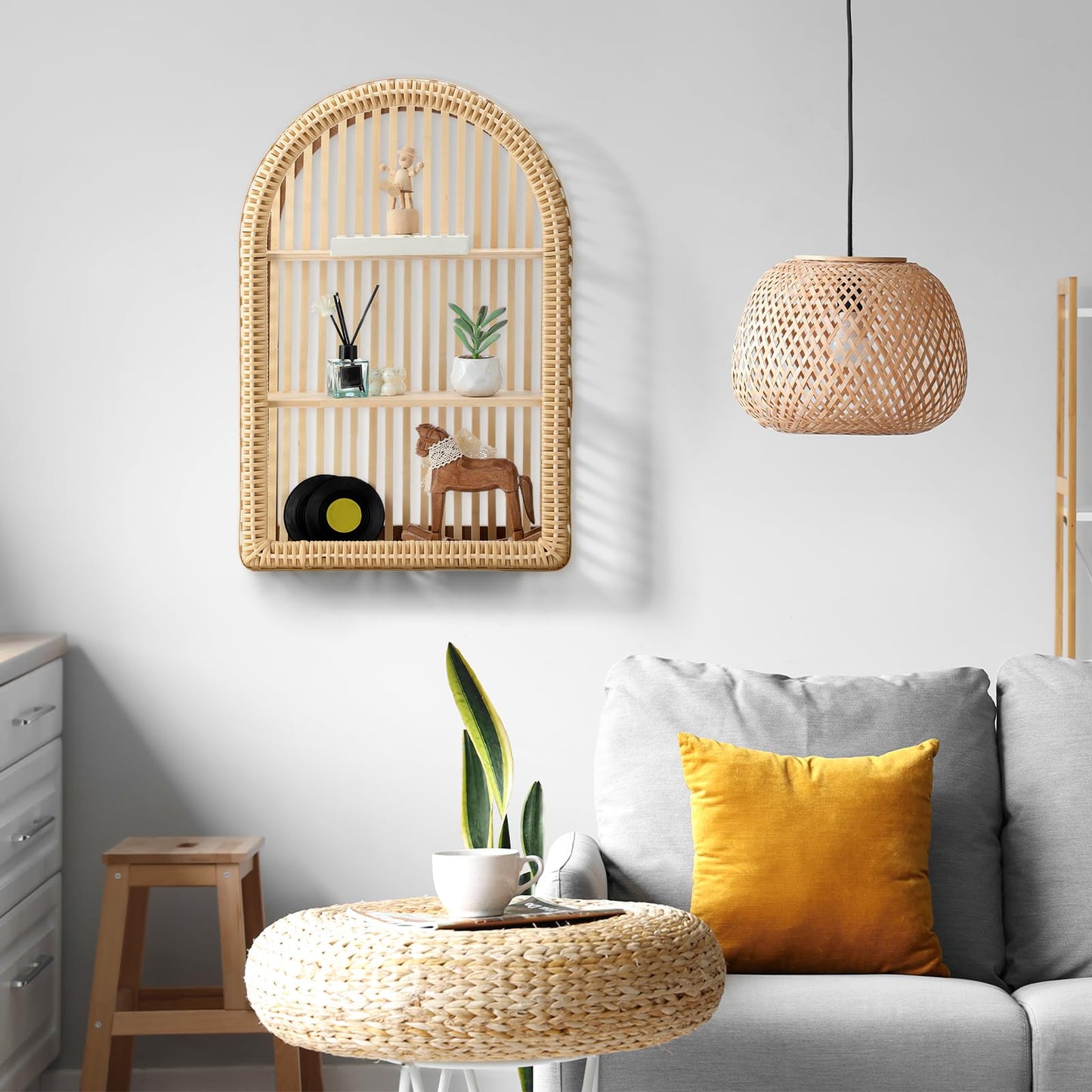 Vercraft Rattan Wall Shelf 3 Tier Boho Wall Mounted Shelf 23.62" x 15.75" Farmhouse Handcraft Bamboo Arched Floating Shelves for Living Room Home Bedroom Storage Decor