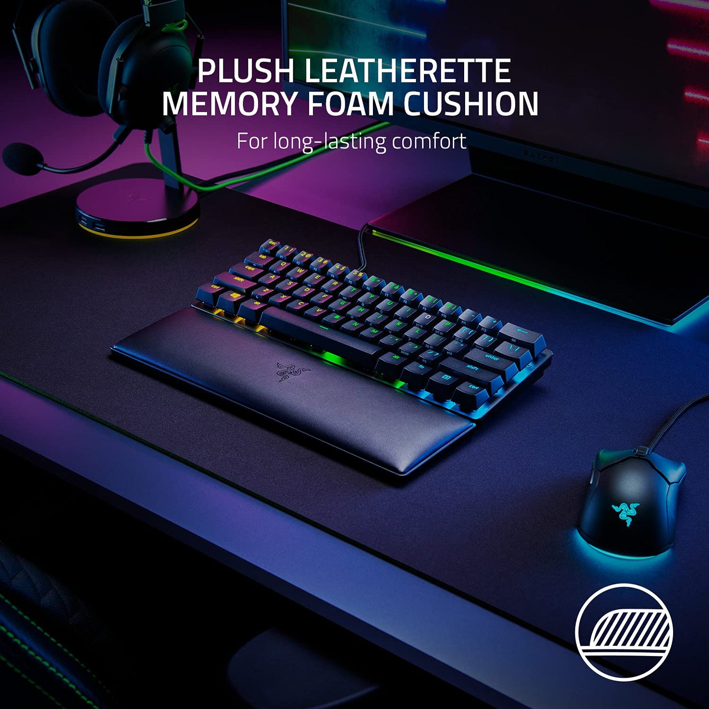Razer Ergonomic Wrist Rest for Mini Keyboards: Plush Leatherette Memory Foam Cushion - Anti-Slip Rubber Feet