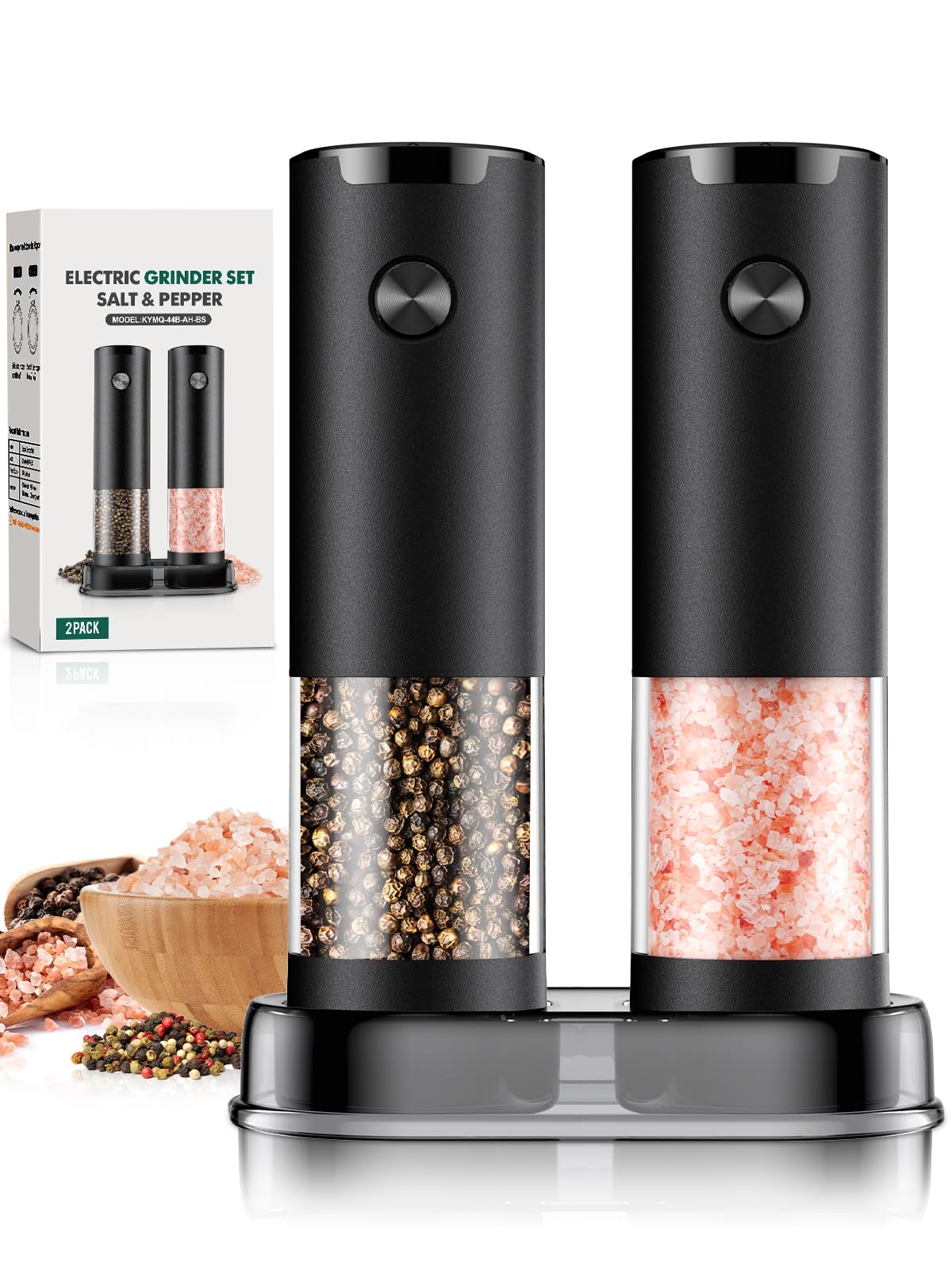 Electric Salt and Pepper Grinder Set Automatic Battery Pepper Mill Shakers Adjustable Coarseness Easy Filling Upgraded Larger Capacity with Led (2 Pack Black/Black)