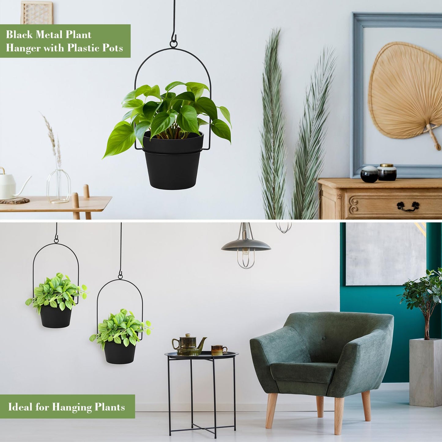 Hushee 10 Packs Metal Hanging Planters for Outdoor Indoor Plants Plant Hanger with 6.3'' Plastic Pots Hanging Planter Basket for Garden Home Porch Decor (Black)