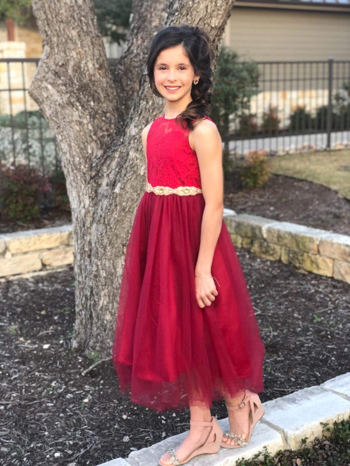 Glamulice Flower Girls Lace Bridesmaid Dress Long A Line Wedding Pageant Dresses Tulle Party Gown Girl Kid Elegant Holiday Evening Formal Princess Birthday Dance Ball Gown Christmas Red Wine 8 Prom