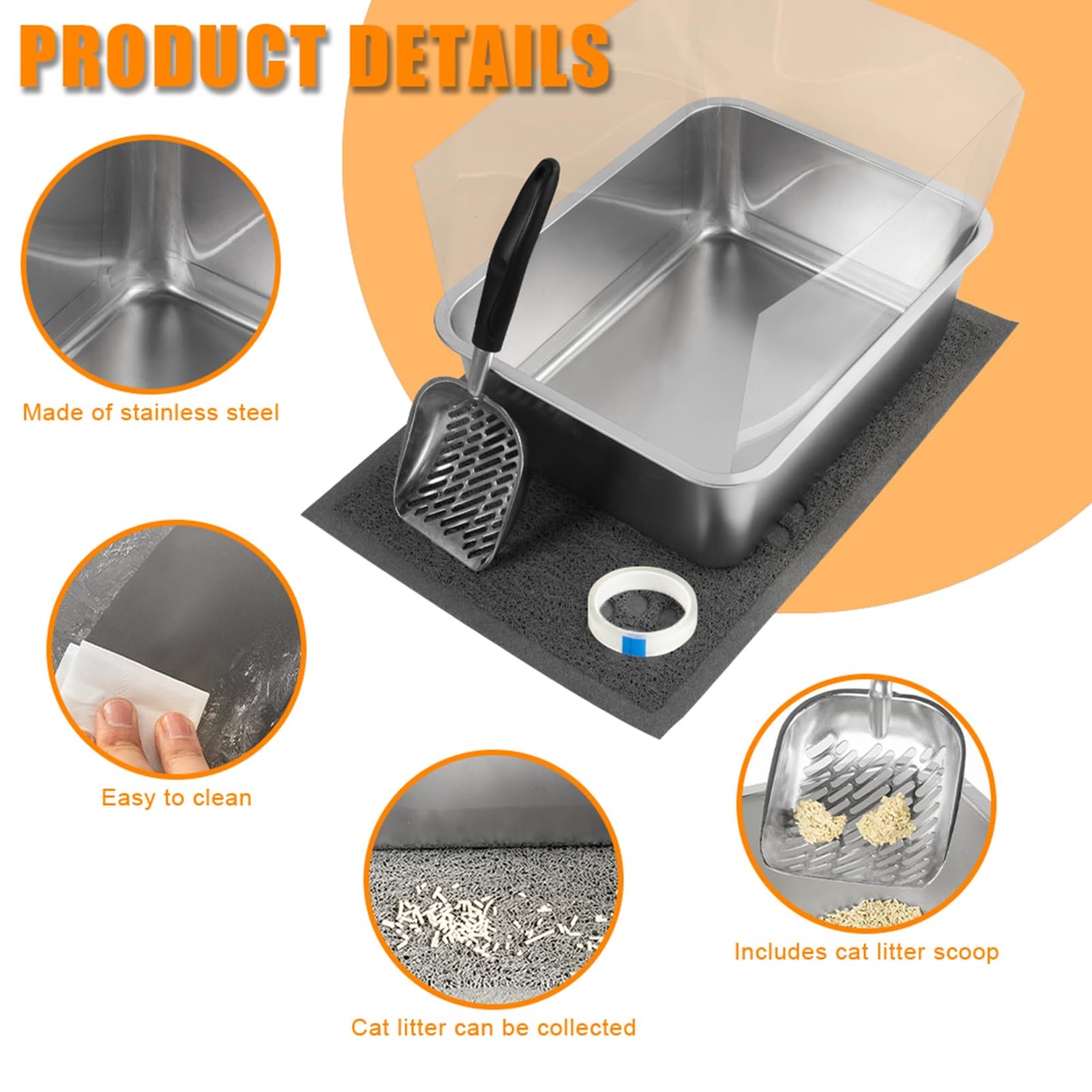 2 Set Stainless Steel Litter Box - 17.7"x13.8"x5.9", High-Sided Shield, Scoops, Mats for Multiple Cats, Easy to Clean