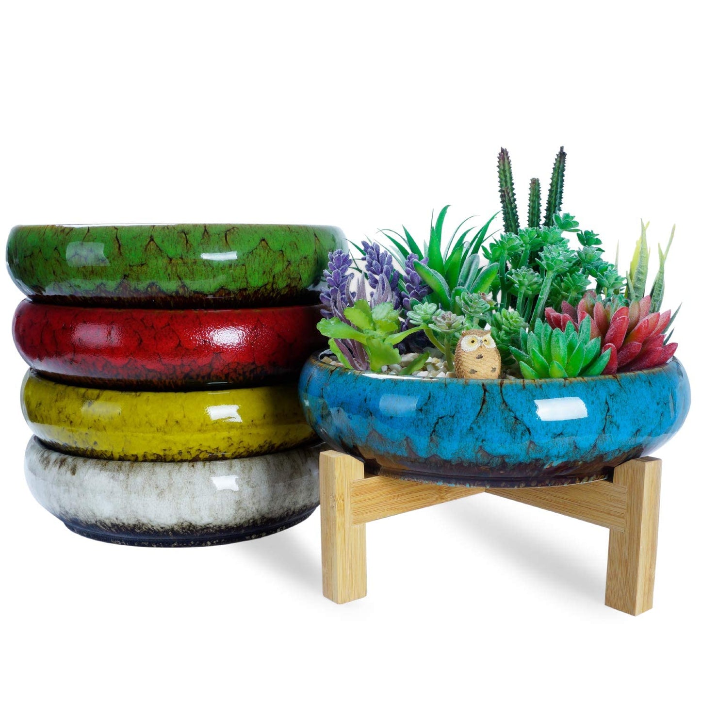 ARTKETTY Succulent Pots - 10 Inch Ceramic Bonsai Pots with Drainage Stand, Large Shallow Planters for Indoor Plants Glazed Cactus Flower Planter Container Bowl