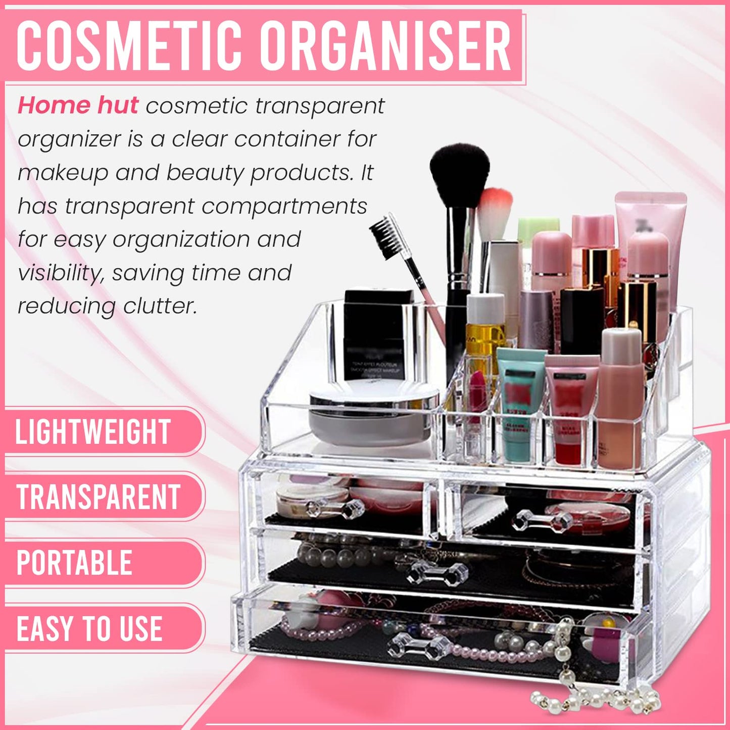 Home and Garden Products Cosmetic Organiser Drawers Clear Acrylic Jewellery Box Makeup Storage Case