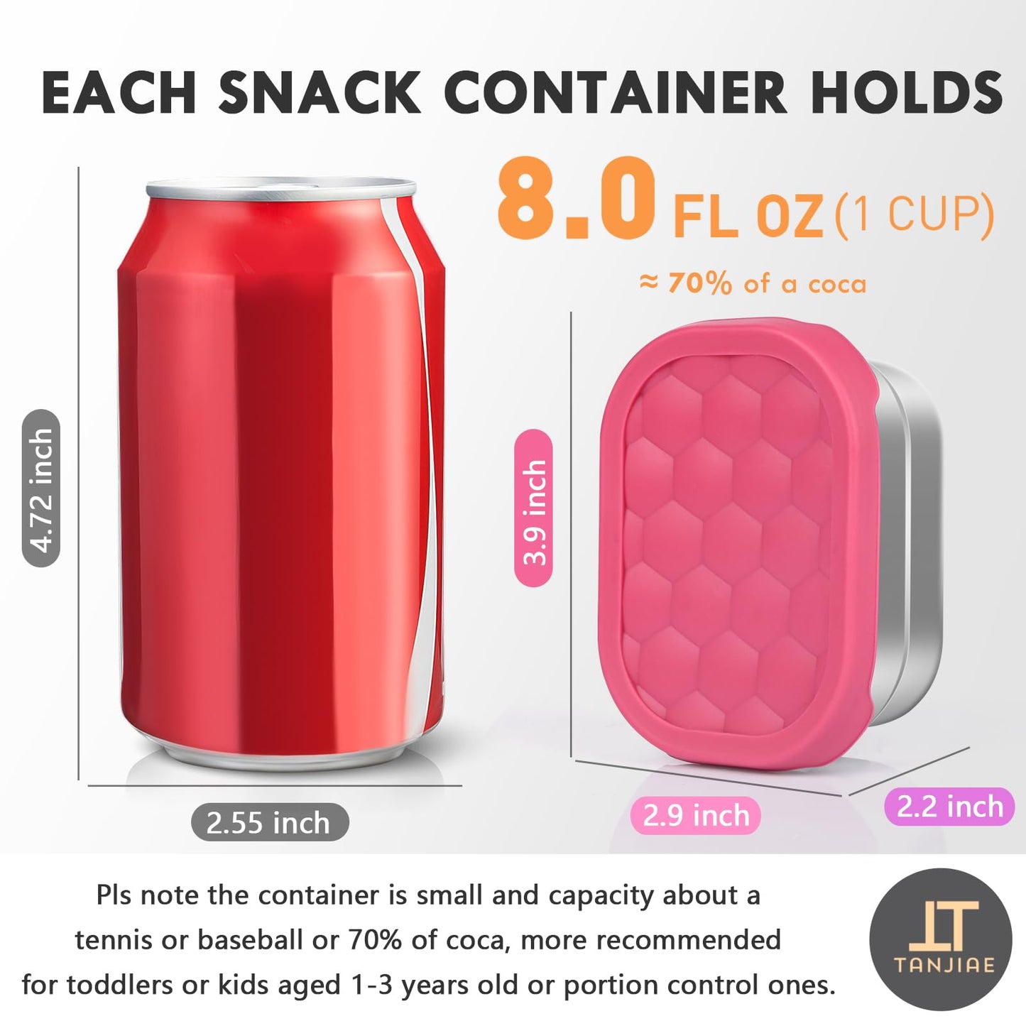 Tanjiae Small (1 CUP) Stainless Steel Snack Containers for Kids | Easy Open Leak Proof Food Containers with Silicone Lids - Perfect Metal Toddler Lunch Box for Daycare and School (8oz)