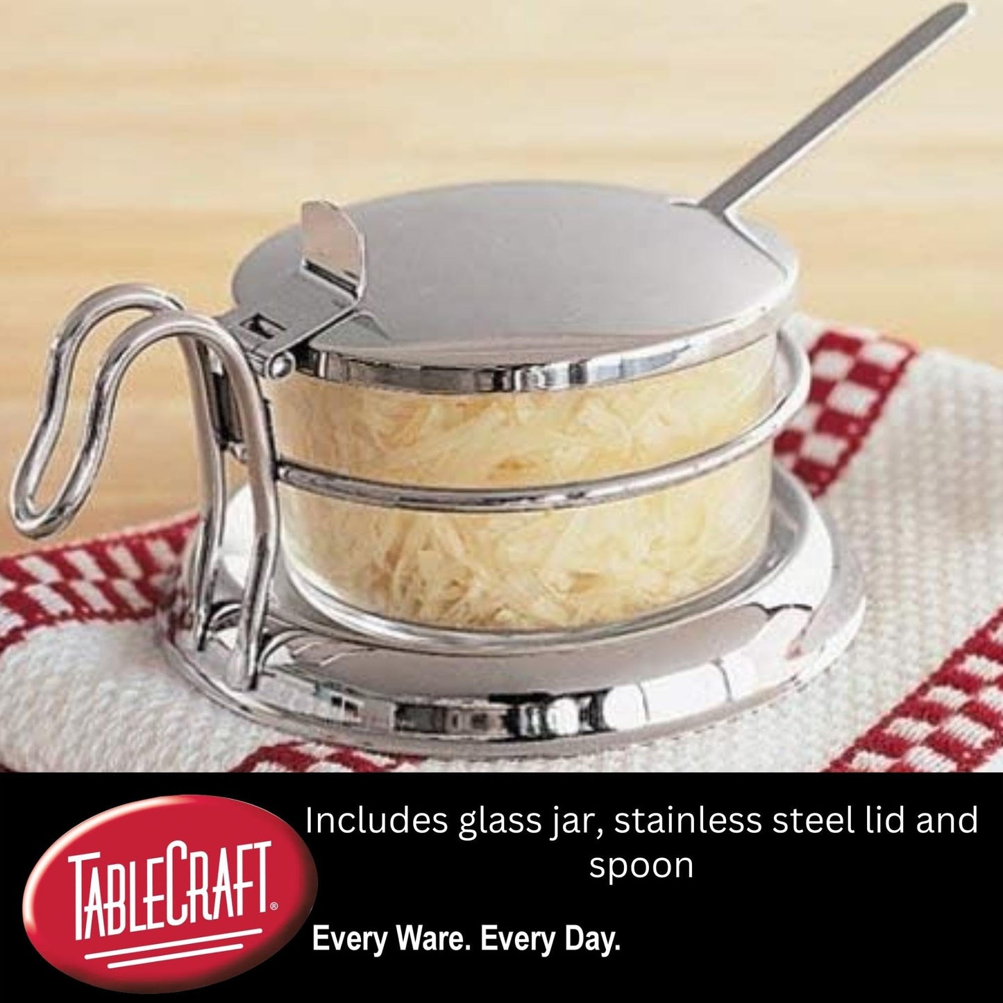 TableCraft 357 Condiment Jar Set with Spoon, 6 oz Clear Glass Jar with 18-8 Stainless Steel Lid, Spoon and Holder, Polished Tabletop Dispenser for Home or Restaurant Use
