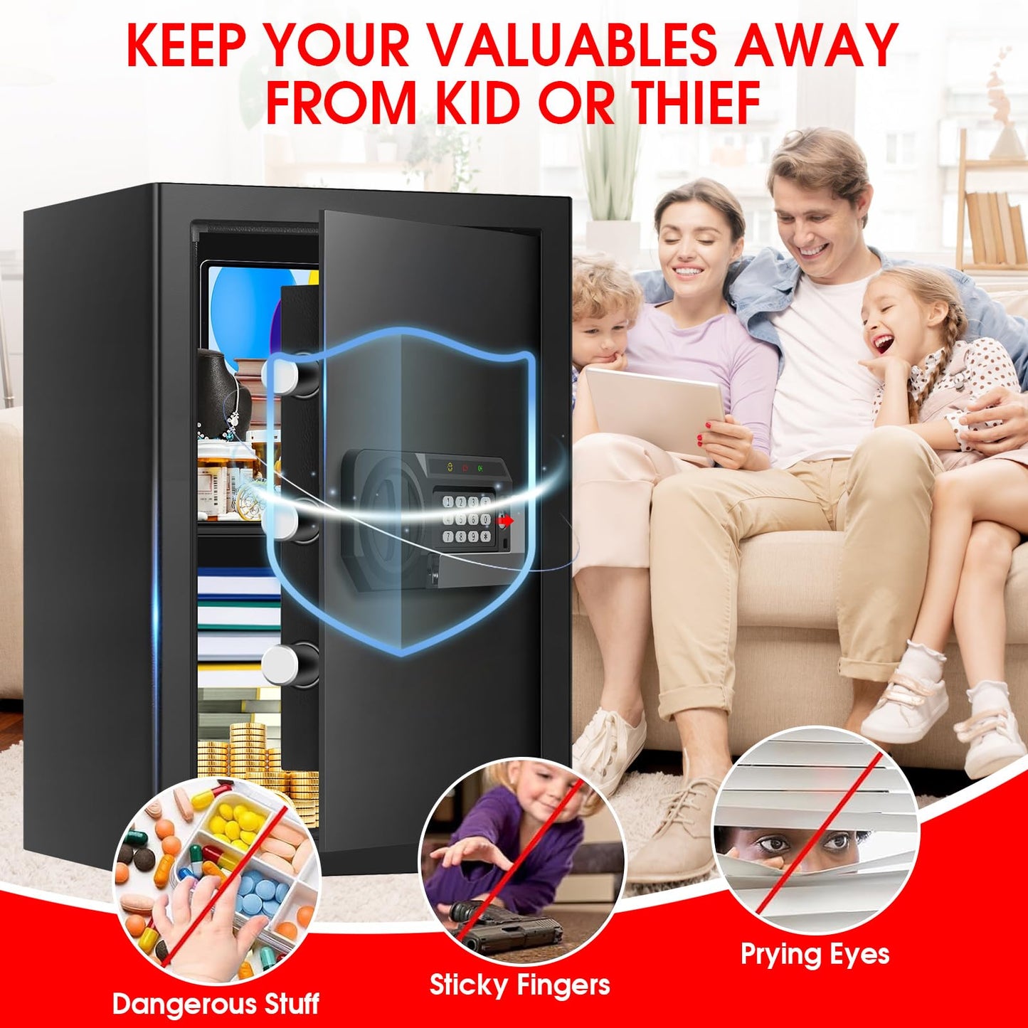 3.3 Cuft Large Home Safes Water and Fireproof, Anti-theft Floor Safe for Home Use with Programmable Keypad, Alarm System and Spare Keys, Digital Home Safe Box for Valuables, Medicine