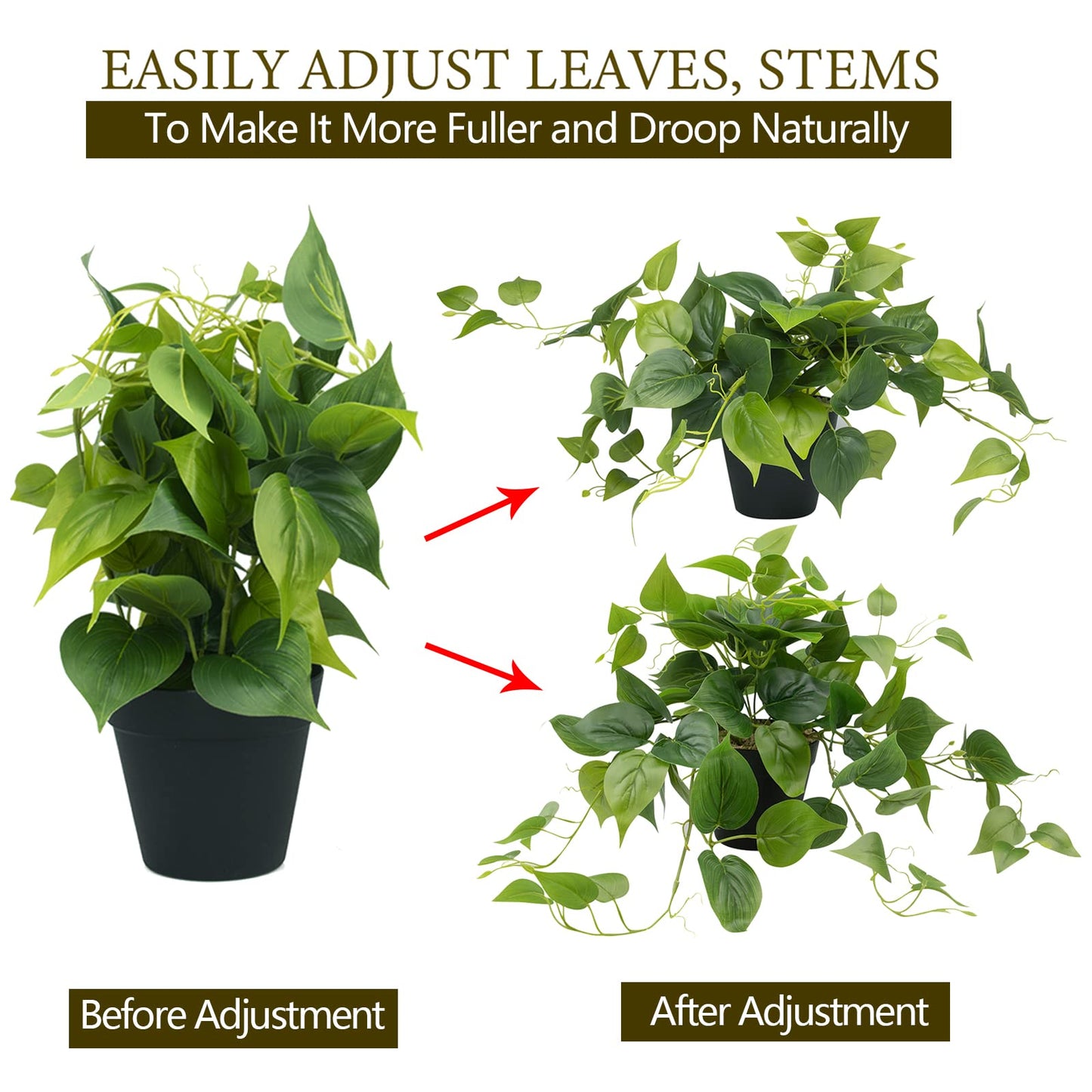 LOYWREE Artificial Scindapsus Aureus Fake Pothos Plants in Black Pots - Realistic Faux Indoor Greenery Potted for Home, Office, Desk, Shelf, Living Room, Bedroom, Balcony, Patio & Garden Decor